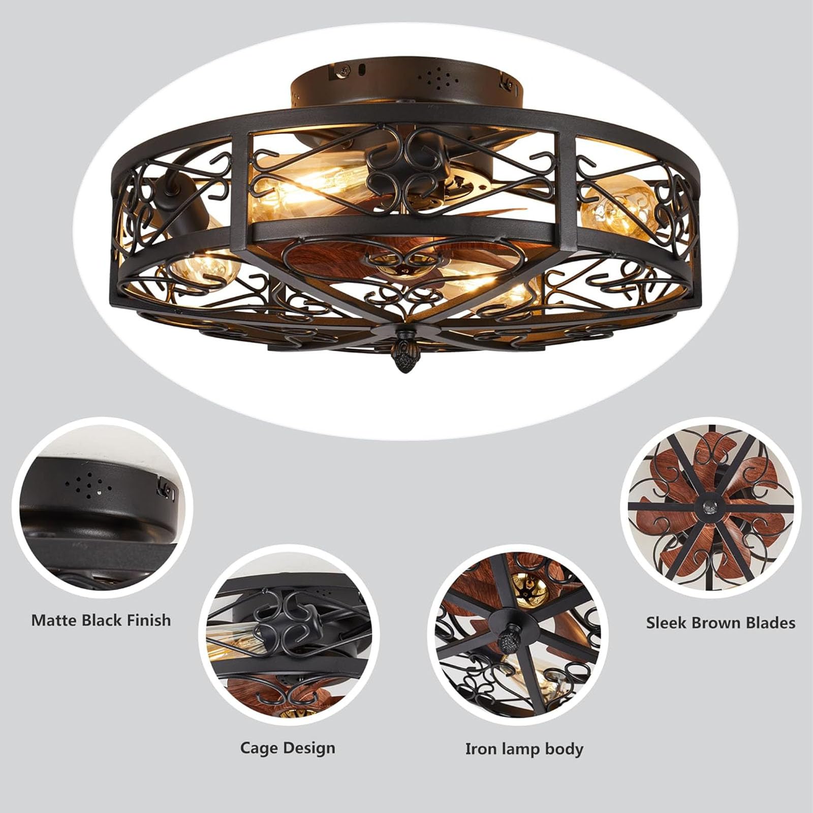 50cm Deckenlampe mit Ventilator Industrial Vintage Deckenventilatoren mit Beleuchtung Metall Käfigbeleuchtung 4*E27 Unterputzmontage mit Fernbedienung Timer-Funktion, Schwarz (exkl Leuchtmittel)