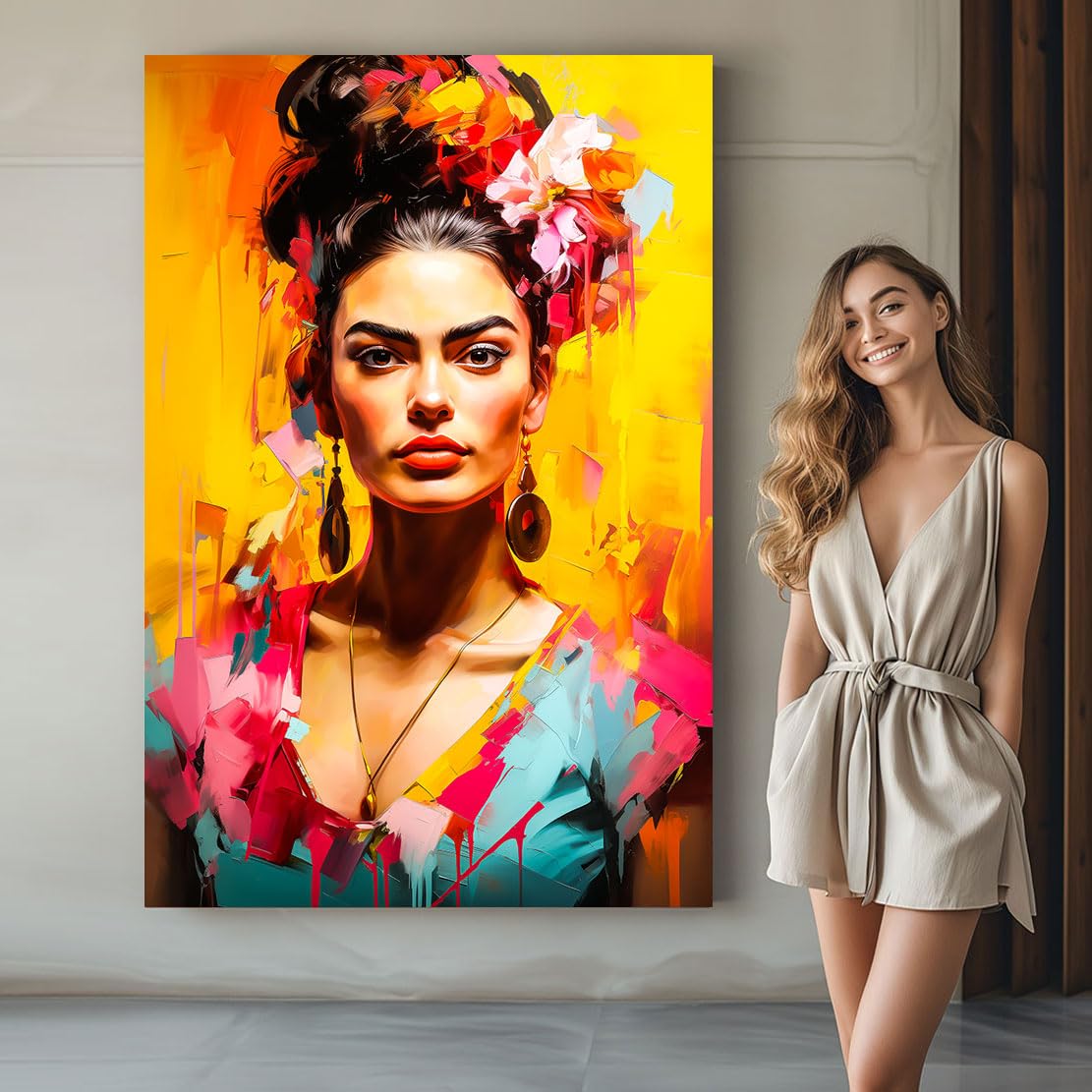 Kunstgestalten24 | Frida Kahlo Color Style Wandbild | Leinwandbild mit Echtholz-Keilrahmen | Leinwand Gemälde Kunst Art | Hochwertige Kunstdrucke | XXL Bilder auf Leinwand