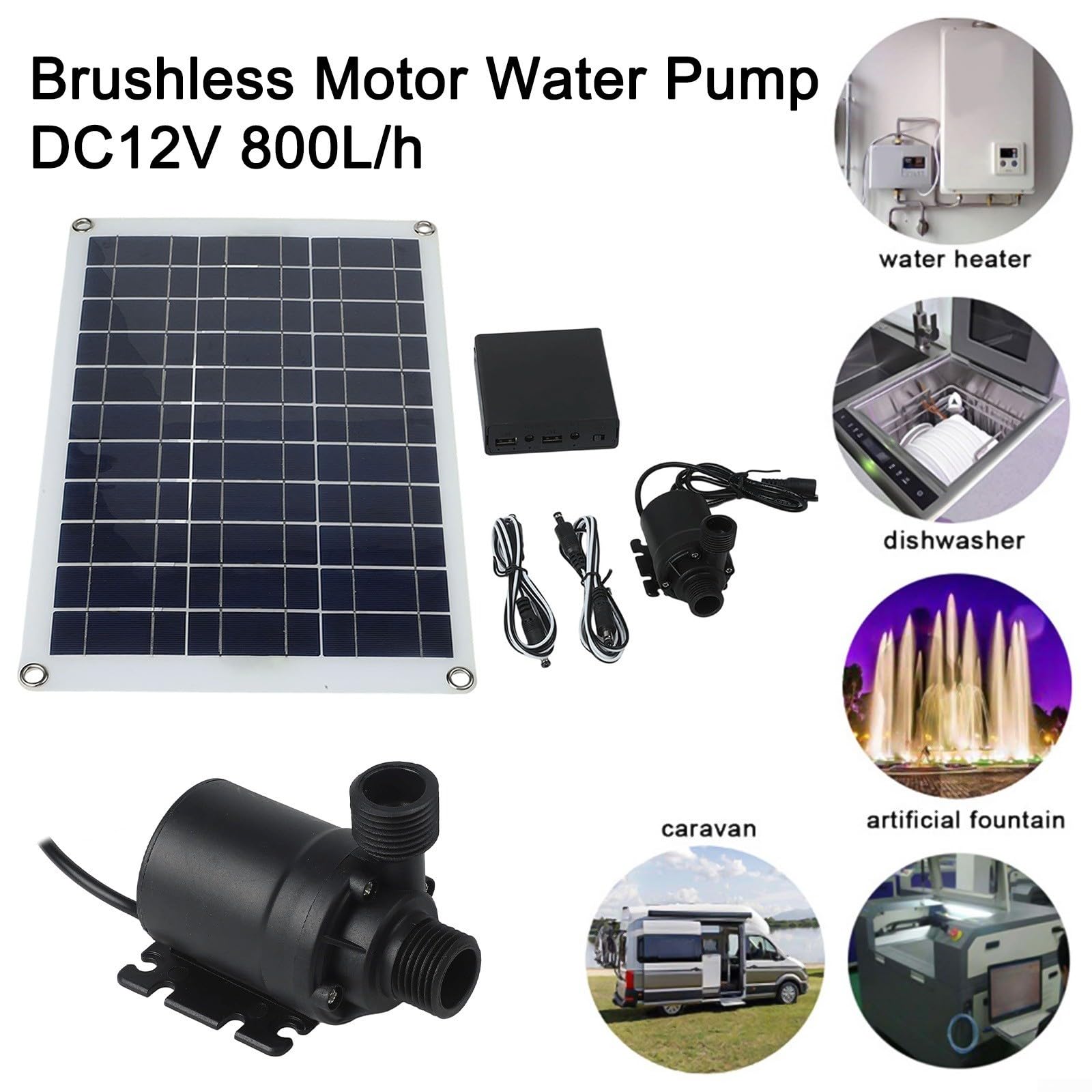 Pompa solare per laghetto da 50 W, set completo con pannello da 12 V, fontana d'acqua silenziosa per laghetto da giardino, acquario, portata 800 l/h, facile installazione