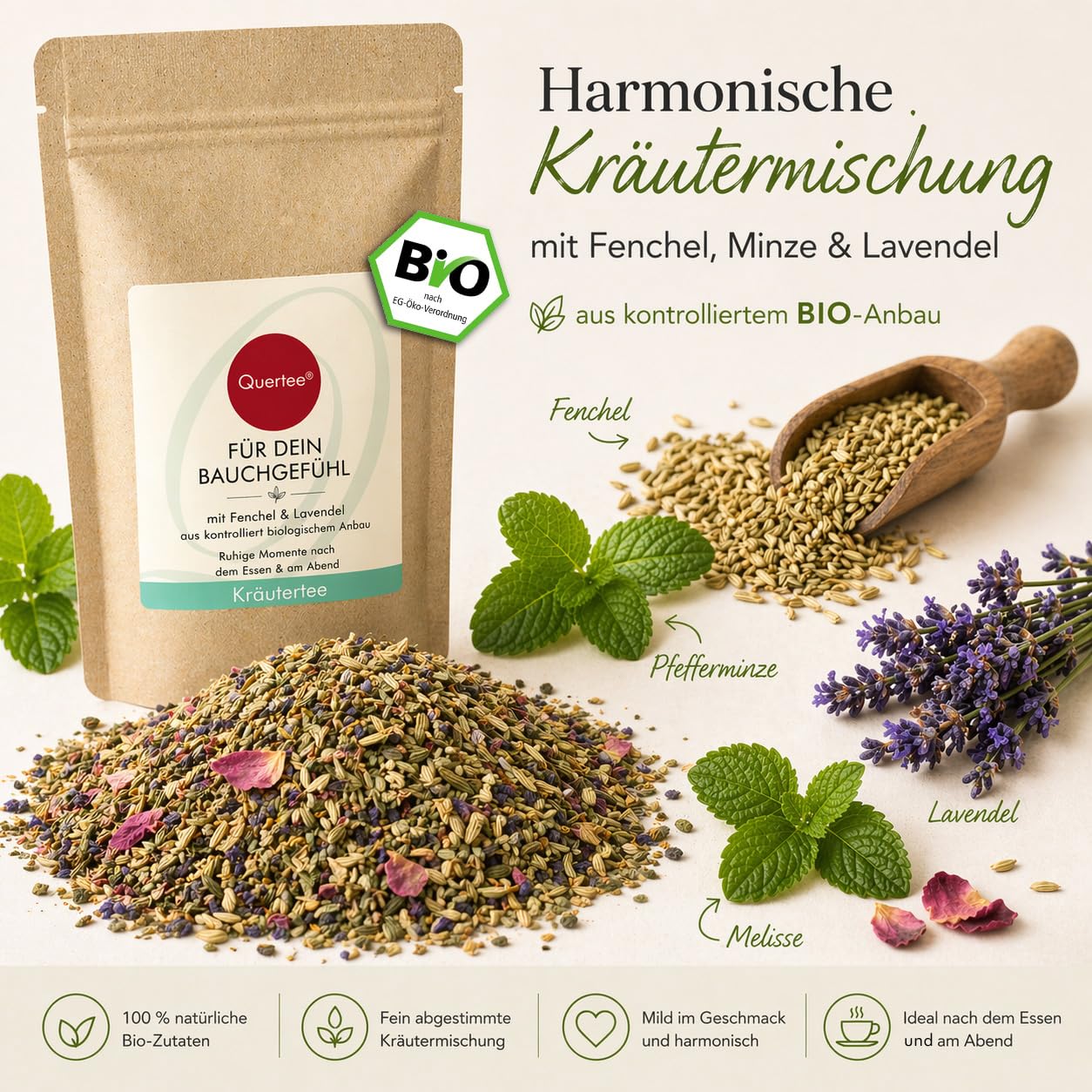 Bio Kräutertee „Für dein Bauchgefühl" Fenchel Pfefferminze Lavendel 1000 g | Quertee • Bio Kräutertee • Mild & Harmonisch • Ideal nach dem Essen & am Abend • Loser Tee