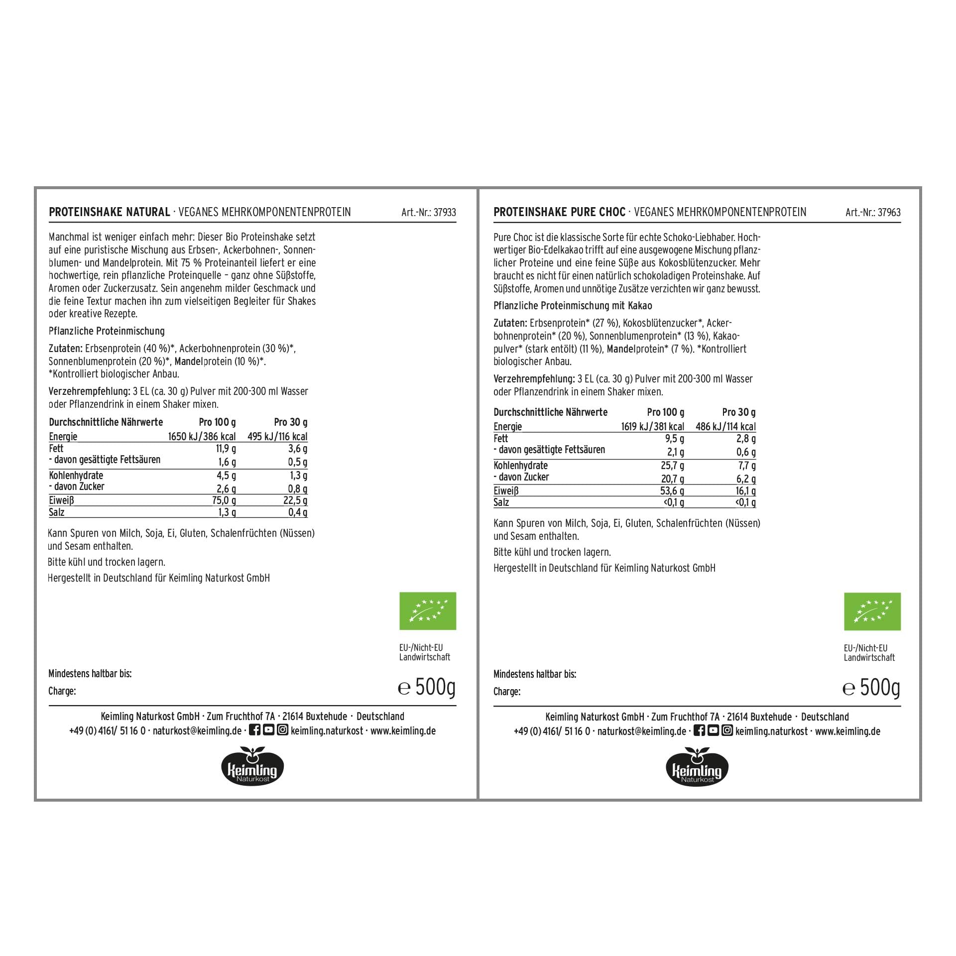 Keimling Bio Vegan Proteinshake Mix Bundle 2000 g – 4 vegane Proteinpulver Natural, Blueberry, Pink Pitaya & Pure Choc – pflanzliches Eiweiß in Bio-Qualität inkl. Glasshaker
