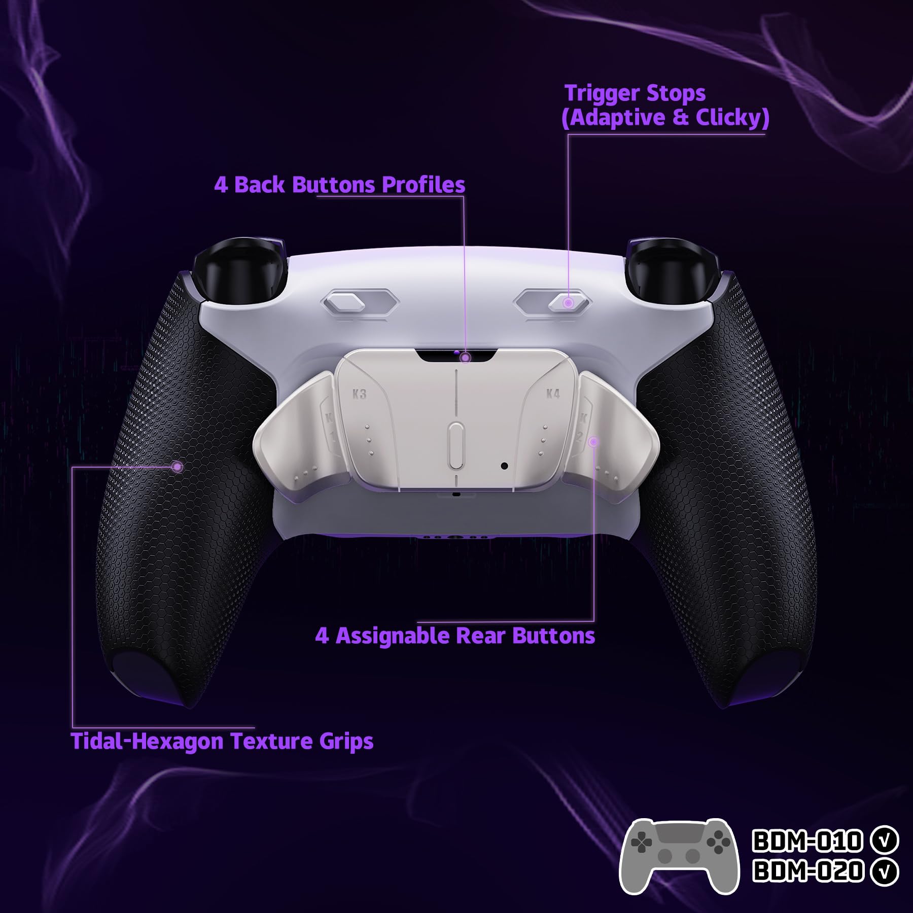 eXtremeRate RISE4 Plus MAX RMB Remap Kit con Clicky Kit para ps5 Control Modelo BDM-010 020 Tope Gatillos & Goma Grip Carcasa Trasera & Palancas Metálicas Remapeables para ps5-SIN Mando(Blanco Negro)