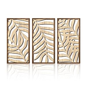 Rongxze Juego de arte de pared de madera nórdica, 3 decoración pared con patrón de hojas (40 x 20 cm), decoración pared, estilo natural para sala de estar/dormitorio