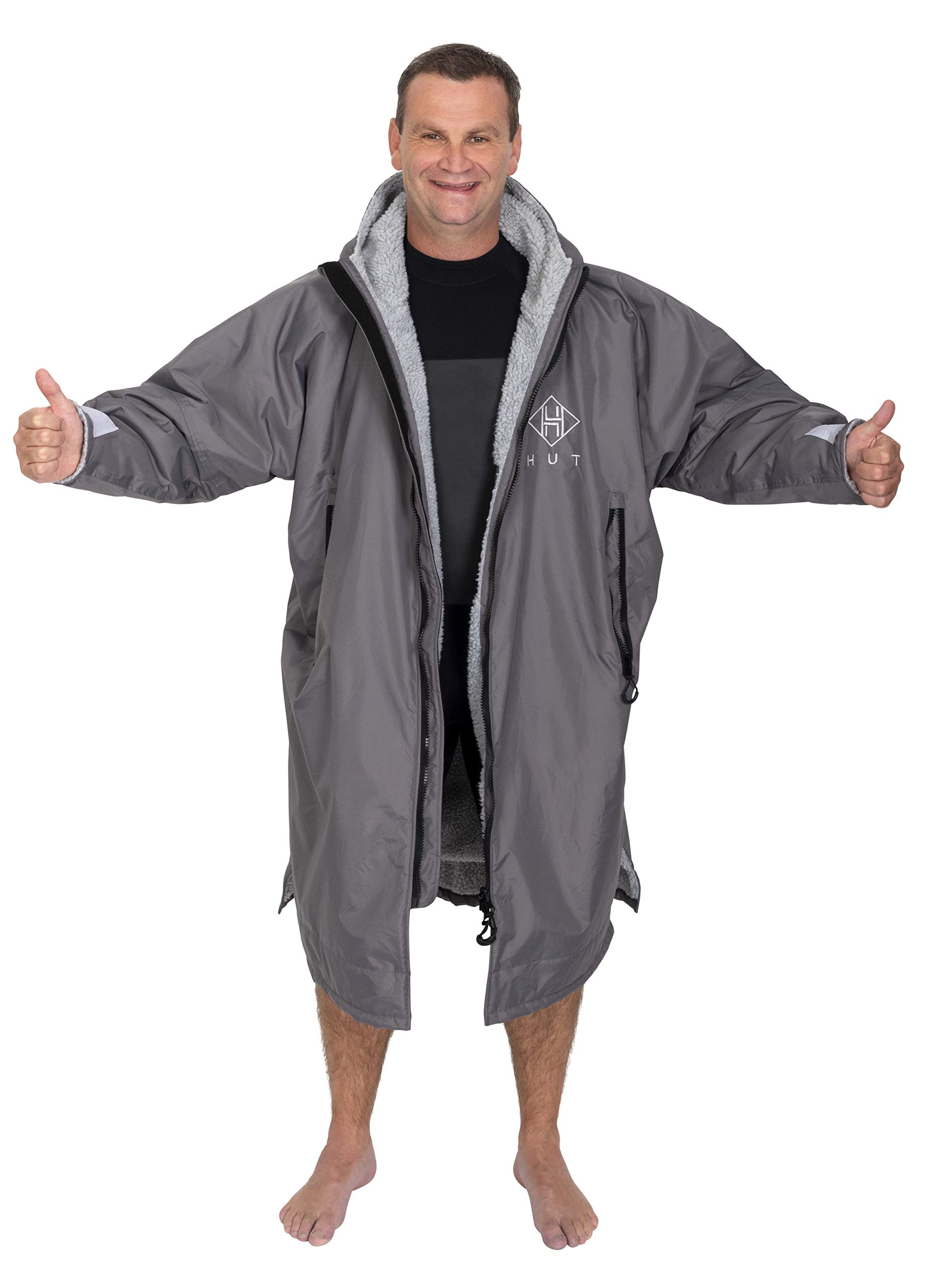 HUTPremium Grey Change Coat. Waterproof, windproof, super-warm changing robe. Long sleeve, unisex, three sizes (S+M+L). Great for surfers and open water swimmers and more!