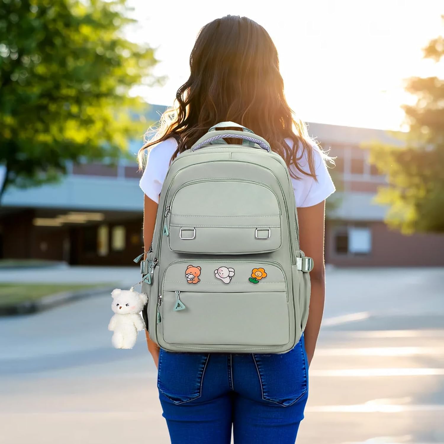 Cute Aesthetic School Backpack for Teens Girls Boys Women, College Laptop Bookbag for High Middle School Student (Green) - Image 7