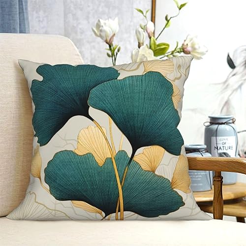 Miniatura 7 de LOHDALOLF Juego de 4 fundas de almohada de hojas de oro verde azulado de 18 x 18 pulgadas, fundas cuadradas decorativas para sofá, patio