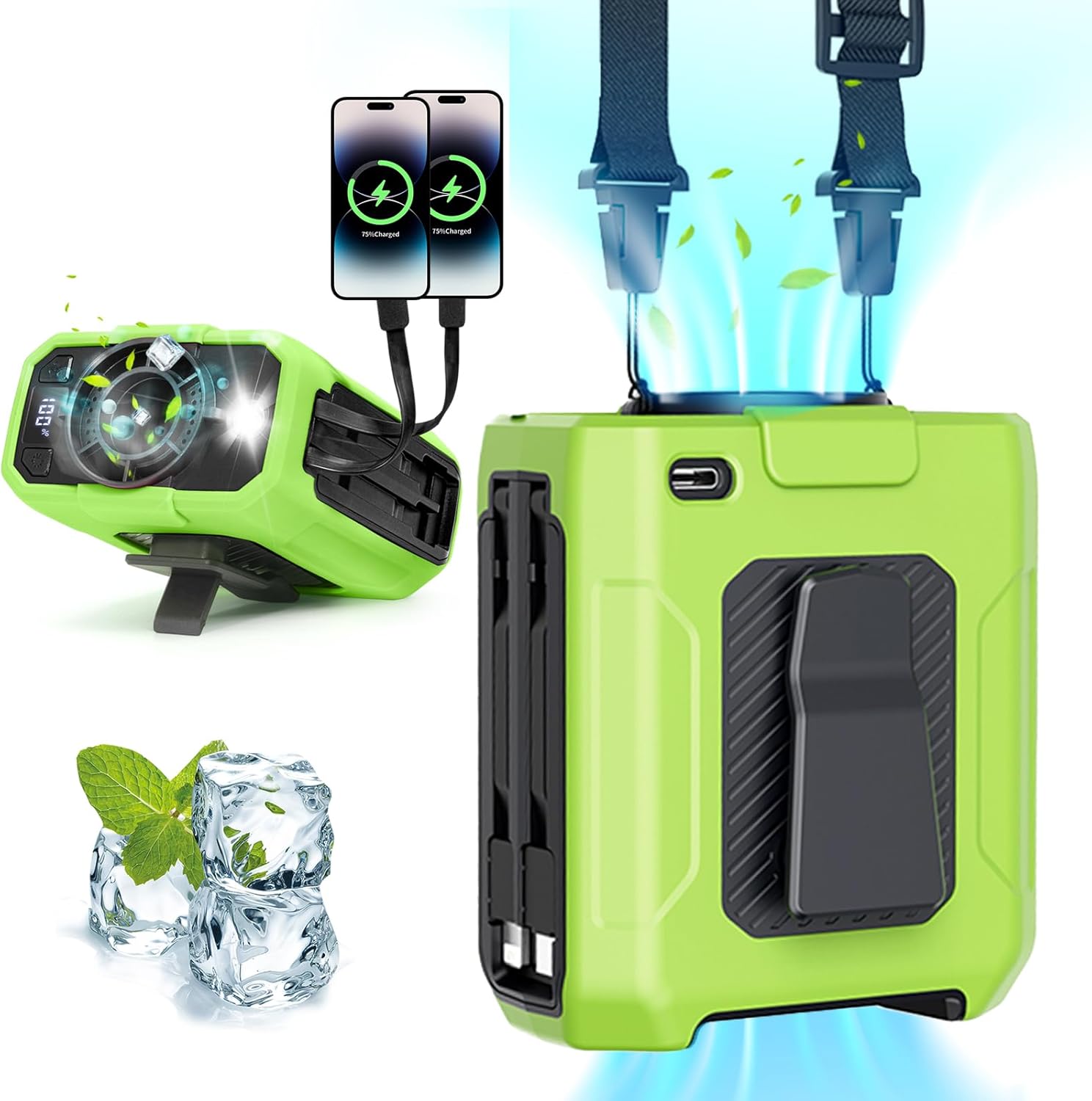 2025 AI Portable Waist Fan Clip with Built-in Charging Cable | 10000mAh 40H Rechargeable Battery & 5-Speed 16000RPM Cooling | SOS Flashlight Wearable Belt Fan for Outdoor Work, Camping, Farm, Jobsite