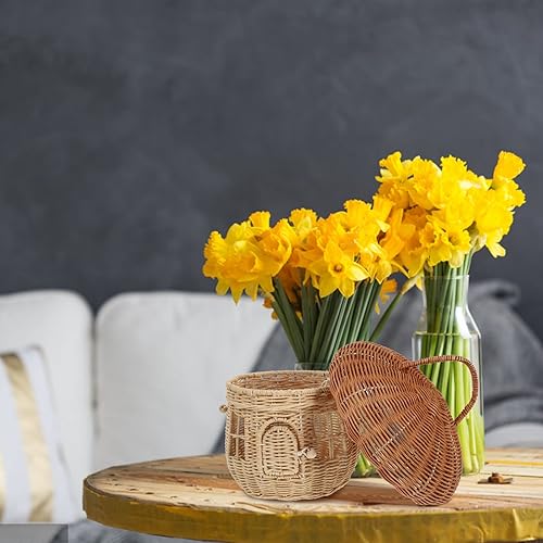 Miniatura 9 de 1 cesta de almacenamiento de hongos de ratán natural, cesta de almacenamiento creativa hecha a mano con asa, cesta de escritorio con tapa para