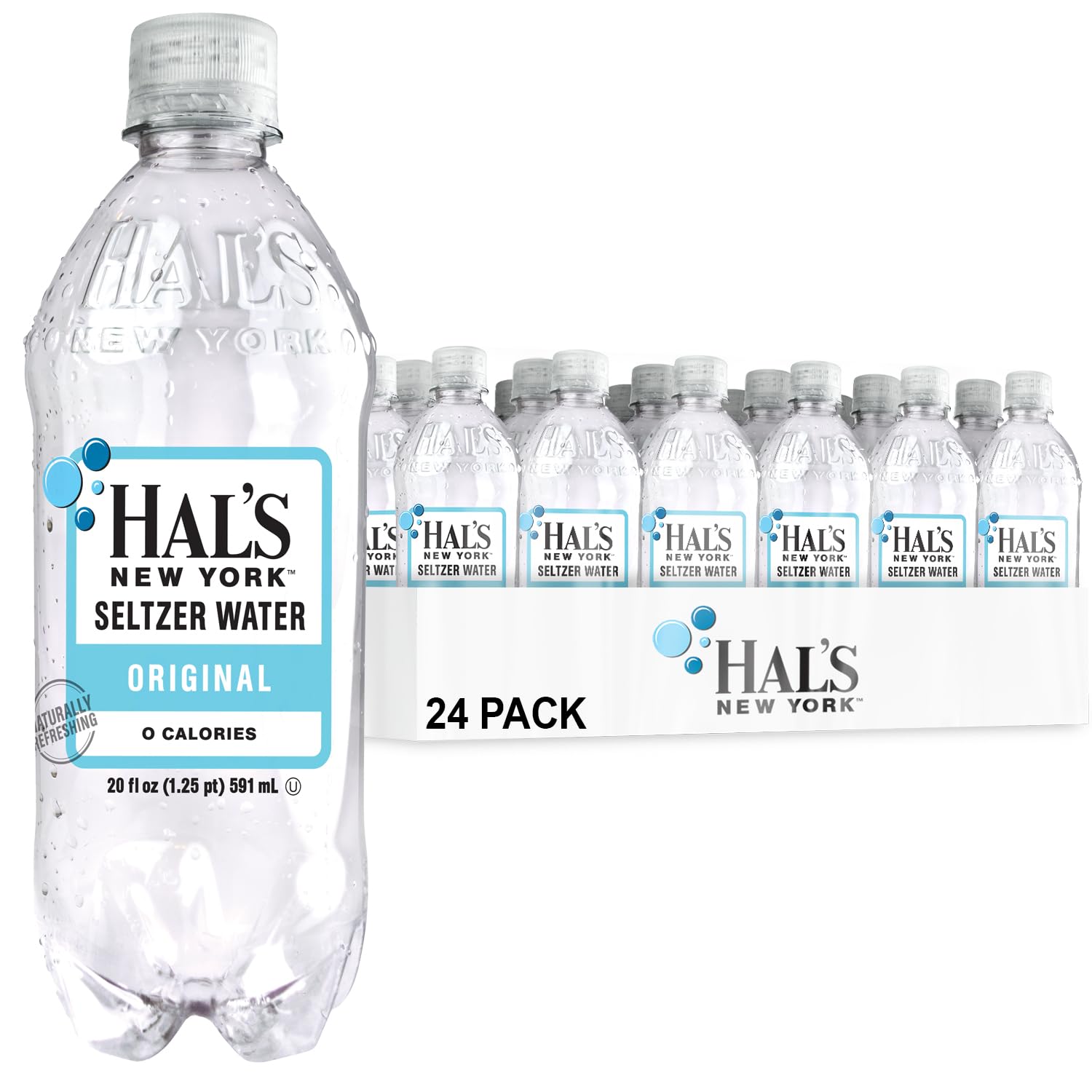 Hal's New York Seltzer Water, Original Sparkling Water, 20 Fl Oz Bottles (Pack of 24)