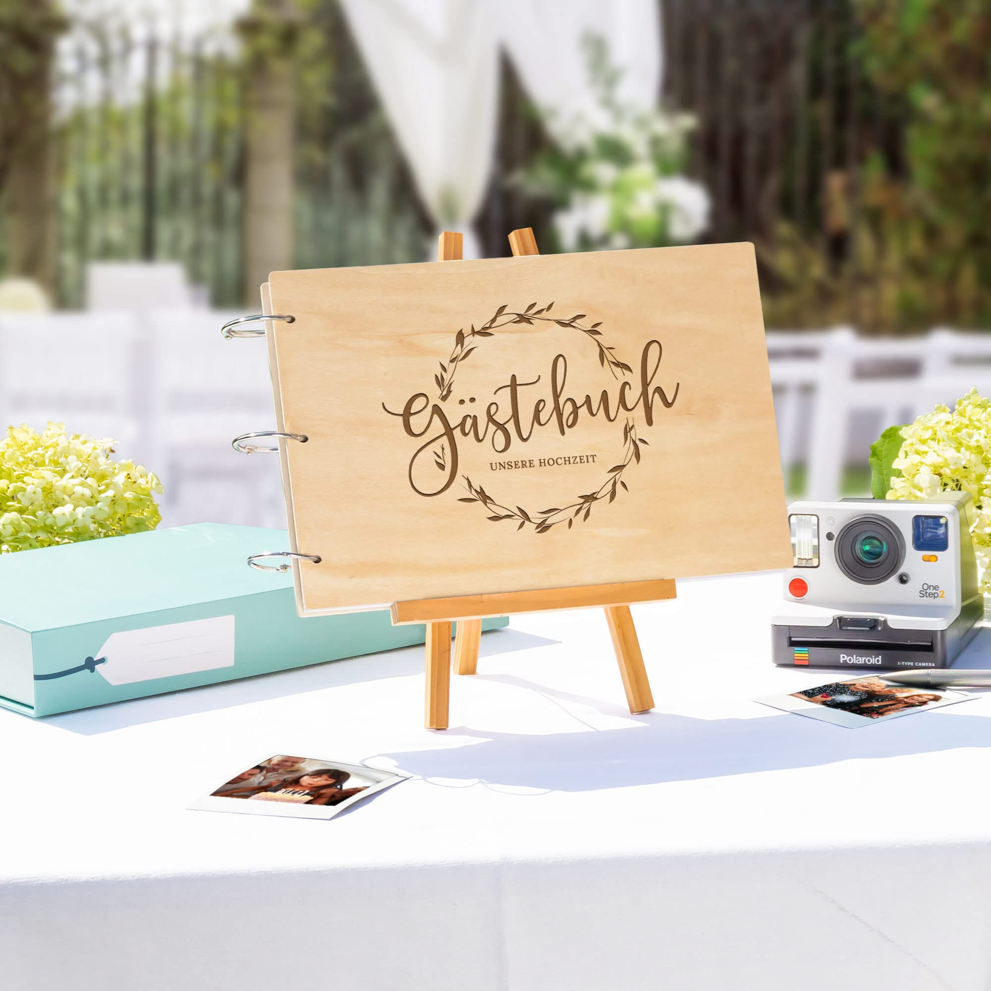 Hochzeit Gästebuch, Hochzeitsbuch mit Gravur, Hochzeitsalbum zum Selbstgestalten, Hochzeitsgeschenk für Brautpaar, Hochzeitsdeko, Hochzeitsempfang Ringbuch, Blanko Buch Holz, Leeres Fotoalbum Hochzeit