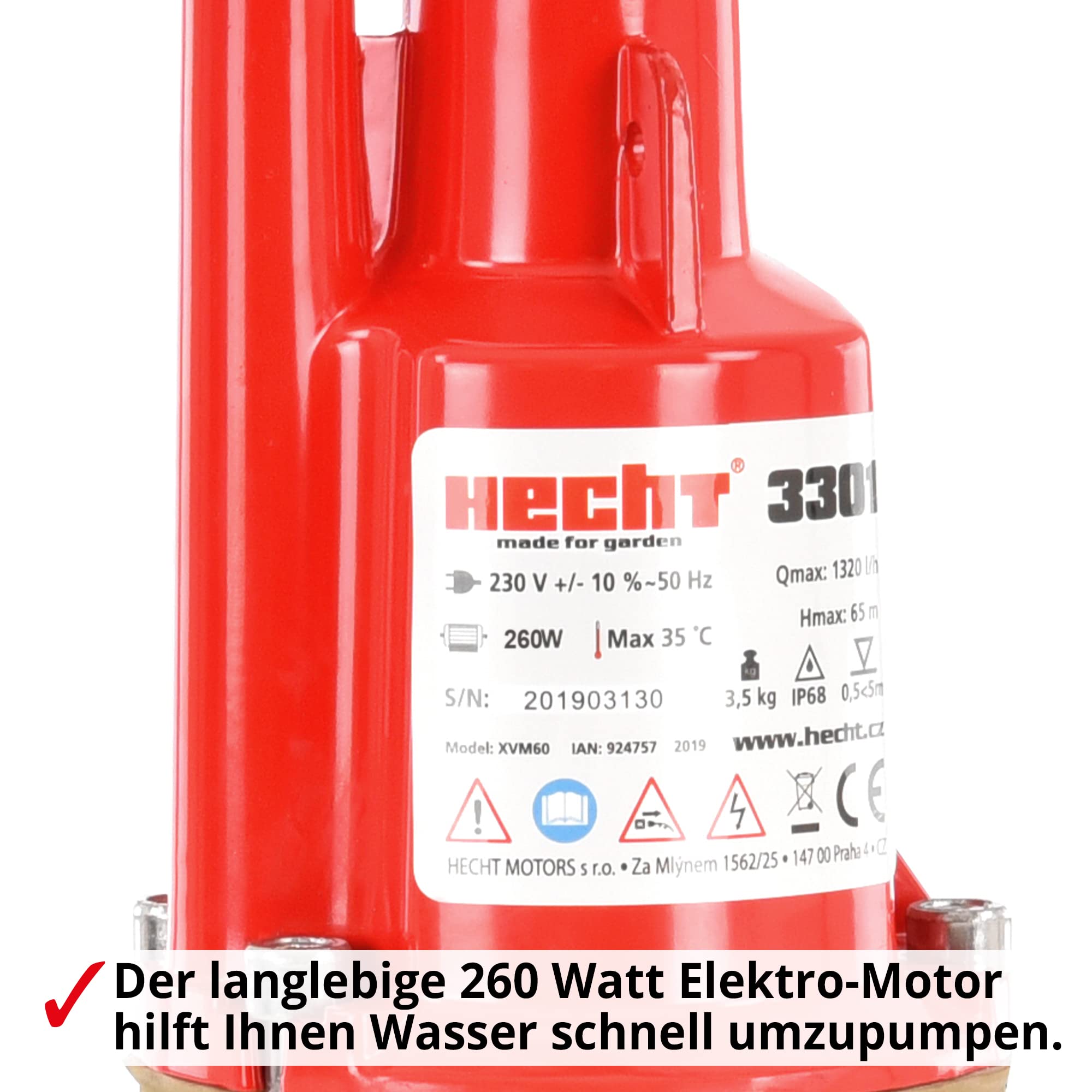 HECHT Tiefbrunnenpumpe – 260 Watt / 230v -240 v – 70 m Förderhöhe – 1400 l/h Fördermenge Wasser – Membranpumpe Tauchpumpe Zisternenpumpe Tiefenpumpe – Tauch Tiefe flach 0,5 m - 5 m