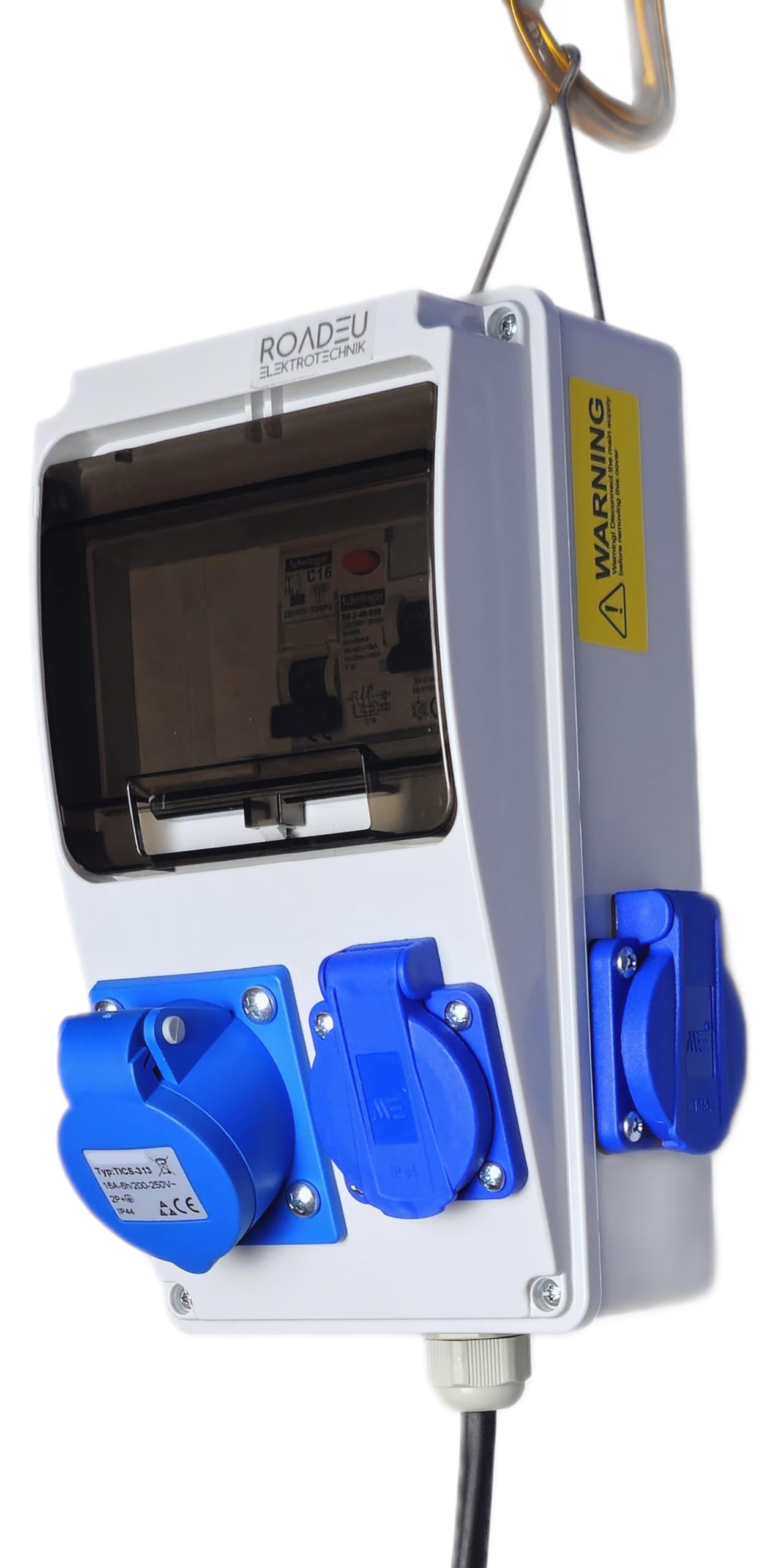 RoadEu - Distributore elettrico portatile 230V monofase con 3 prese Schuko, 1 presa CEE 16A 3P, cavo in gomma 15 m, spina CEE 16A – alimentazione per campeggio, camper, barche, eventi all’aperto