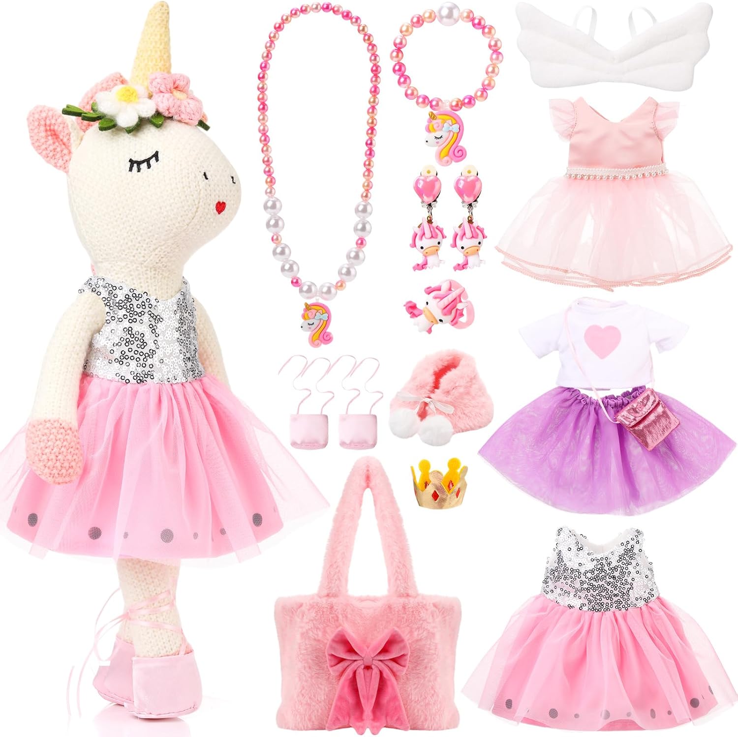 HyDren 15 Pcs Mother's Day Unicorn Stuffed Animal Toys for Girls Birthday Gift for Little Girls Plush Ballerina Doll Set Including Clothes Wings Bag Jewelry Accessories Unicorn Toy