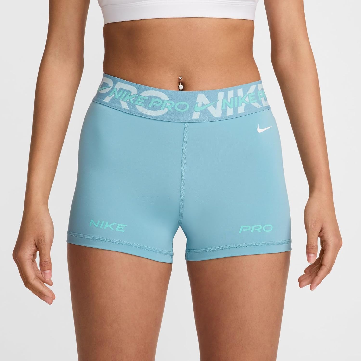 Nike Pro Women's Mid-Rise 3" Graphic Biker Shorts (Denim Turquoise/Glacier Blue/Green Frost/White, FV7838-464) Size Small