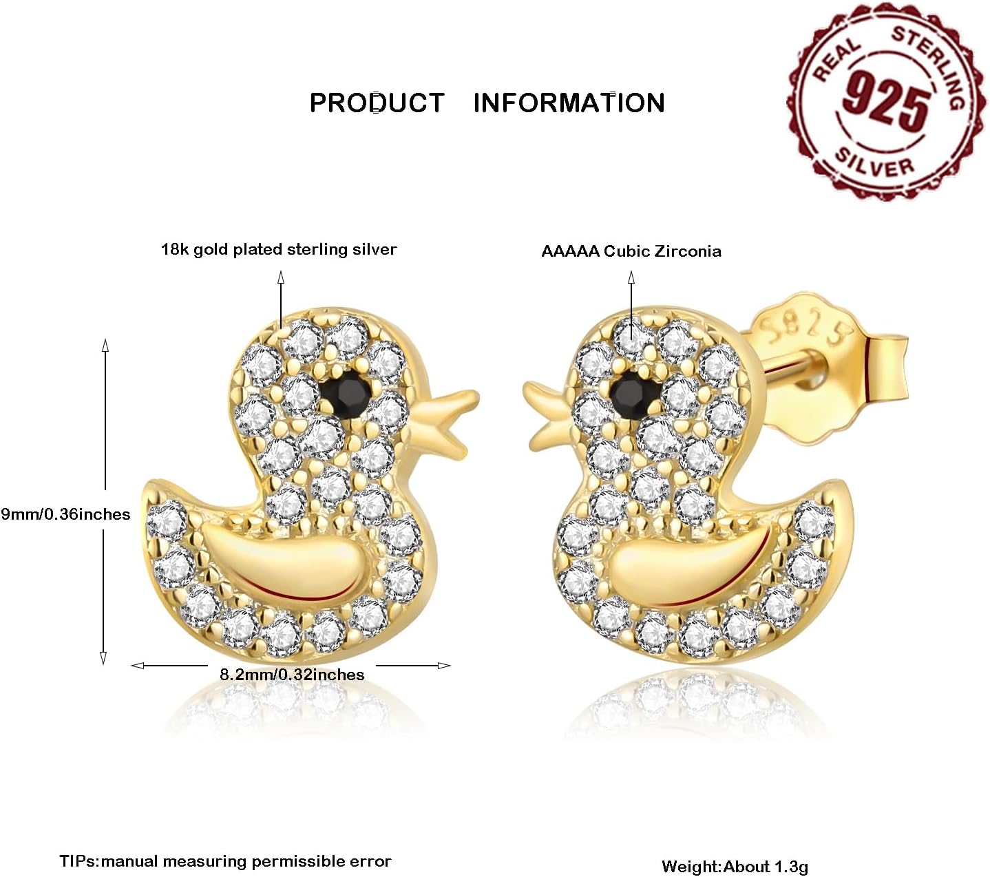 Gilded Fine 925 Sterling Silver Duck Stud Earrings for Sensitive Ears,Cute Hypoallergenic Jewelry Gift - Image 5