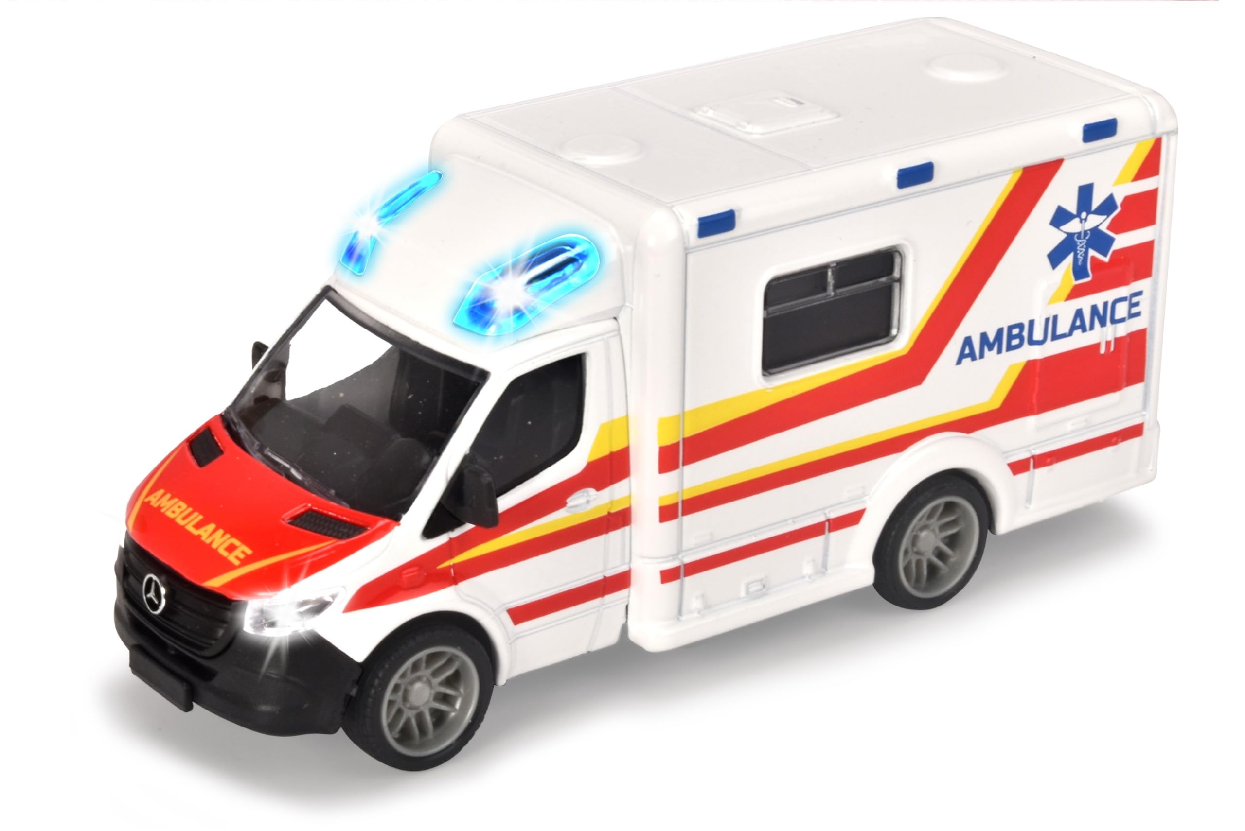 Majorette Grand 213712001038 MercedesBenz Ambulans 12,5 cm, światło i dźwięk, Licencjonowany metalowa karetka die cast do zabawy na świeżym powietrzu, prezent dla dzieci od 3 lat