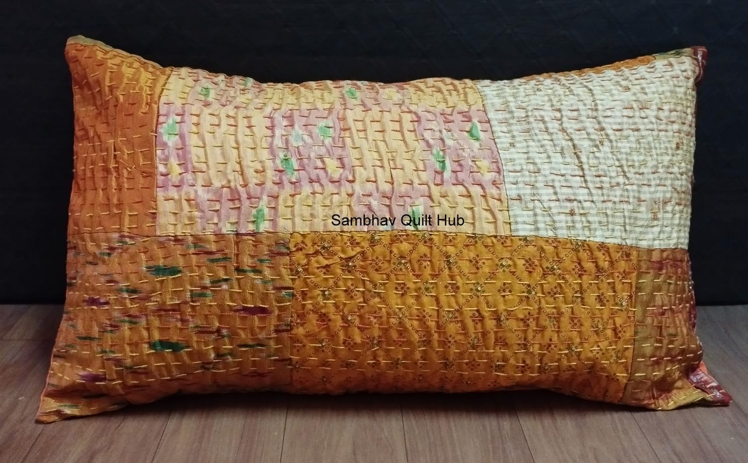 Handmade Vintage Silk Sari Patchwork Kantha Quilt Sofa Throw Vintage Home Decorative Lumbar Boho Throw Pillow Cover (Orange, 20X26 inch)