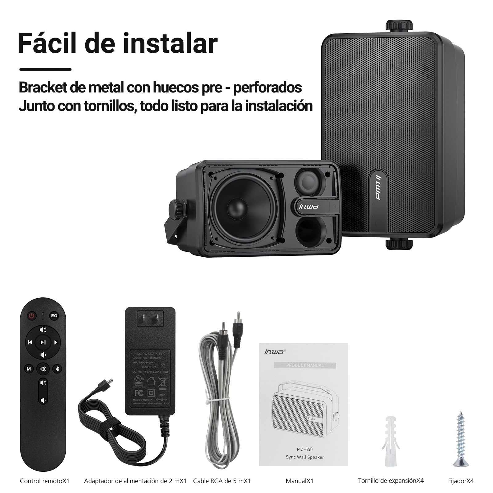 Inwa Altavoz Bluetooth, altavoz de pared pasivo, altavoz de pared activo, juego de sonido estéreo inalámbrico impermeable con entrada auxiliar, sistema de sonido adecuado para pabellón (par, potencia