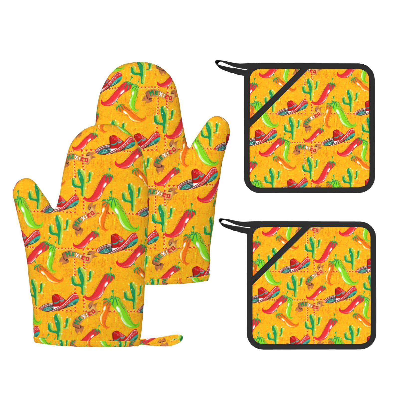 Cactus Hat and Chili Pepper Printed Oven Mitts with Pocket and Hot Pads, Silicone Non-Slip Kitchen Gloves for Baking BBQ