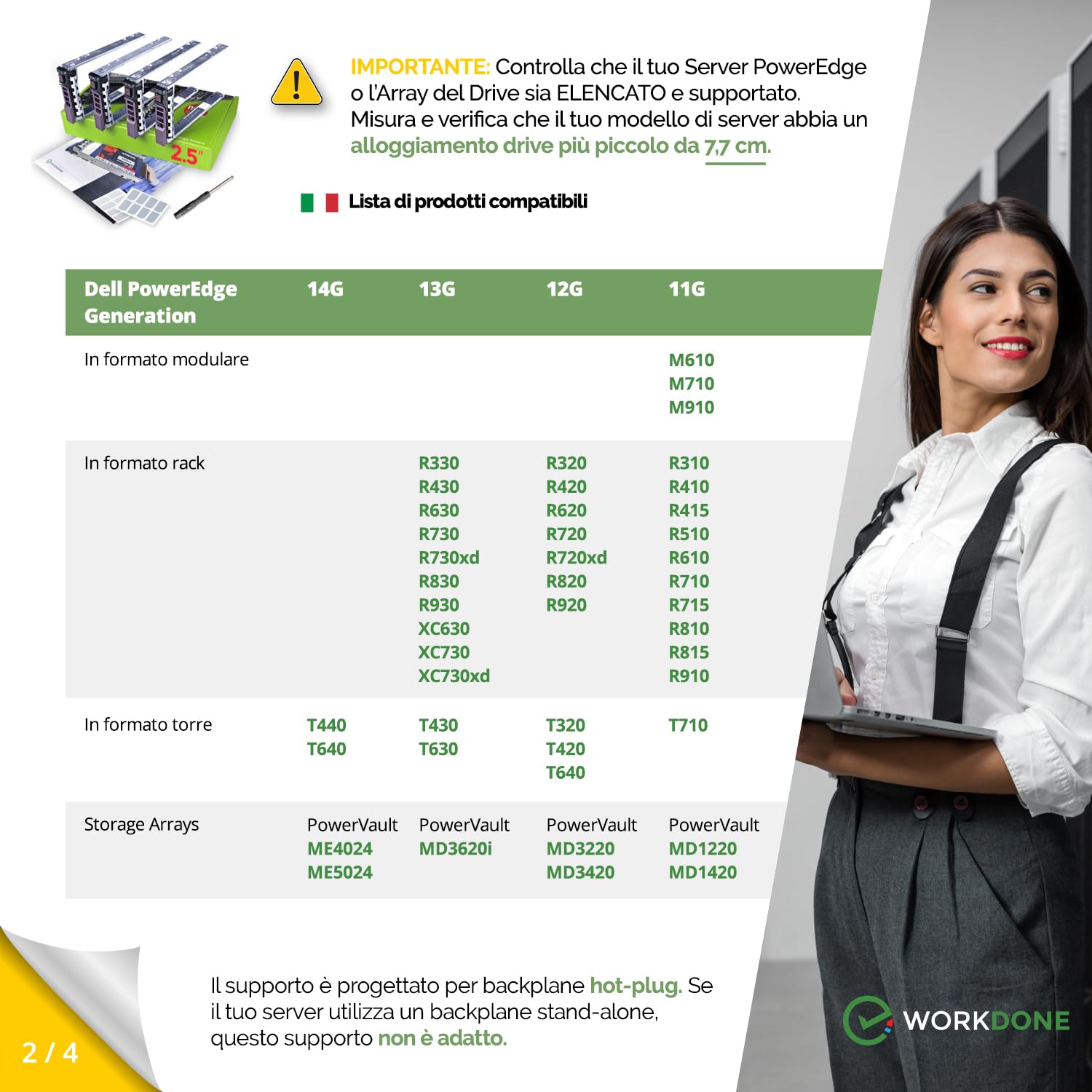 WORKDONE 4 pezzi - Vassoio caddy da 2,5 pollici per disco rigido, Compatibile con PowerEdge Dell T440 T640 R330 R430 T430 R630 T630 R730 R830 R930 R320 R420 R310 R410 R415 G176J - Vassoio Hot-Swap