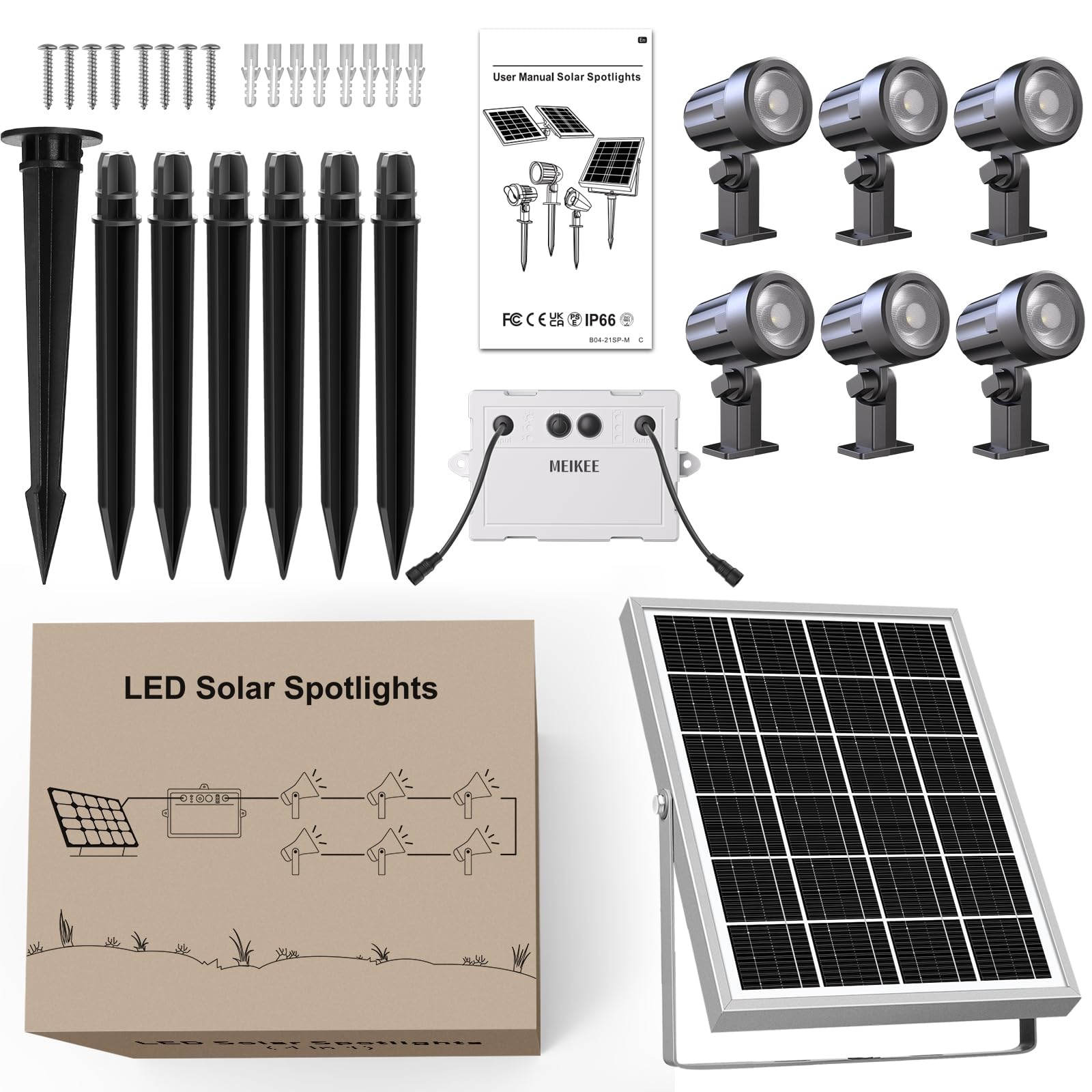 MEIKEE Faretti Solari Esterno, 6 in 1 Faretto Solare LED da Esterno Impermeabili IP66, 6W 6000mAh Luci Solari Blanco Cálido 3000K 3 Luminosità 3 Modalità per Patio Prato Giardino