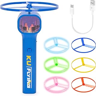 Electric Disc Launcher with 6 Flying Spinners, Glow in The Dark Rechargeable Outdoor Play Fun Sport Fidget Toys