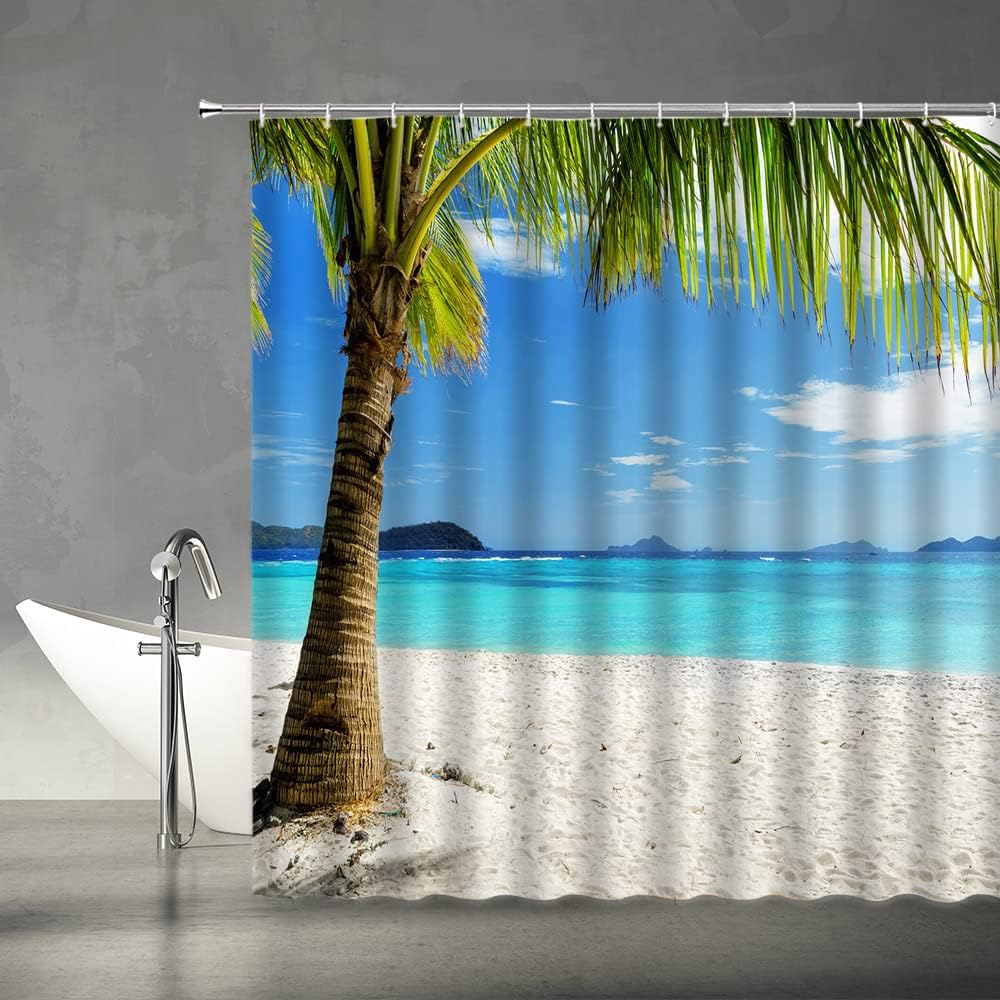 Ocean Beach Shower Curtain Tropical Palm Tree Seaside Landscape Blue Sky Coastal Nautical Hawaii Sea Water Summer Natural Scene Bathroom Decor Fabric Set with Hooks(78" Wx70 H)