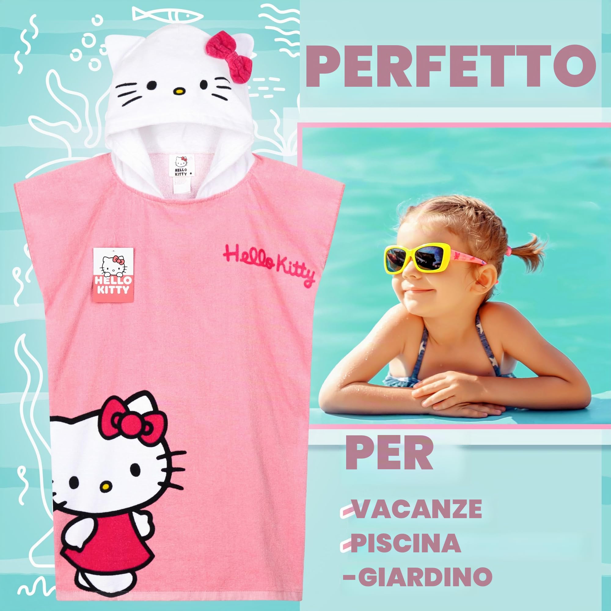 Hello Kitty Asciugamani Bagno con Cappuccio per Bambina Telo Mare Piscina Poncho Cinnamoroll Kuromi Assorbente Kawaii Asciugamano Cotone (Rosa Poncho Hello Kitty, 10-14 Anni)