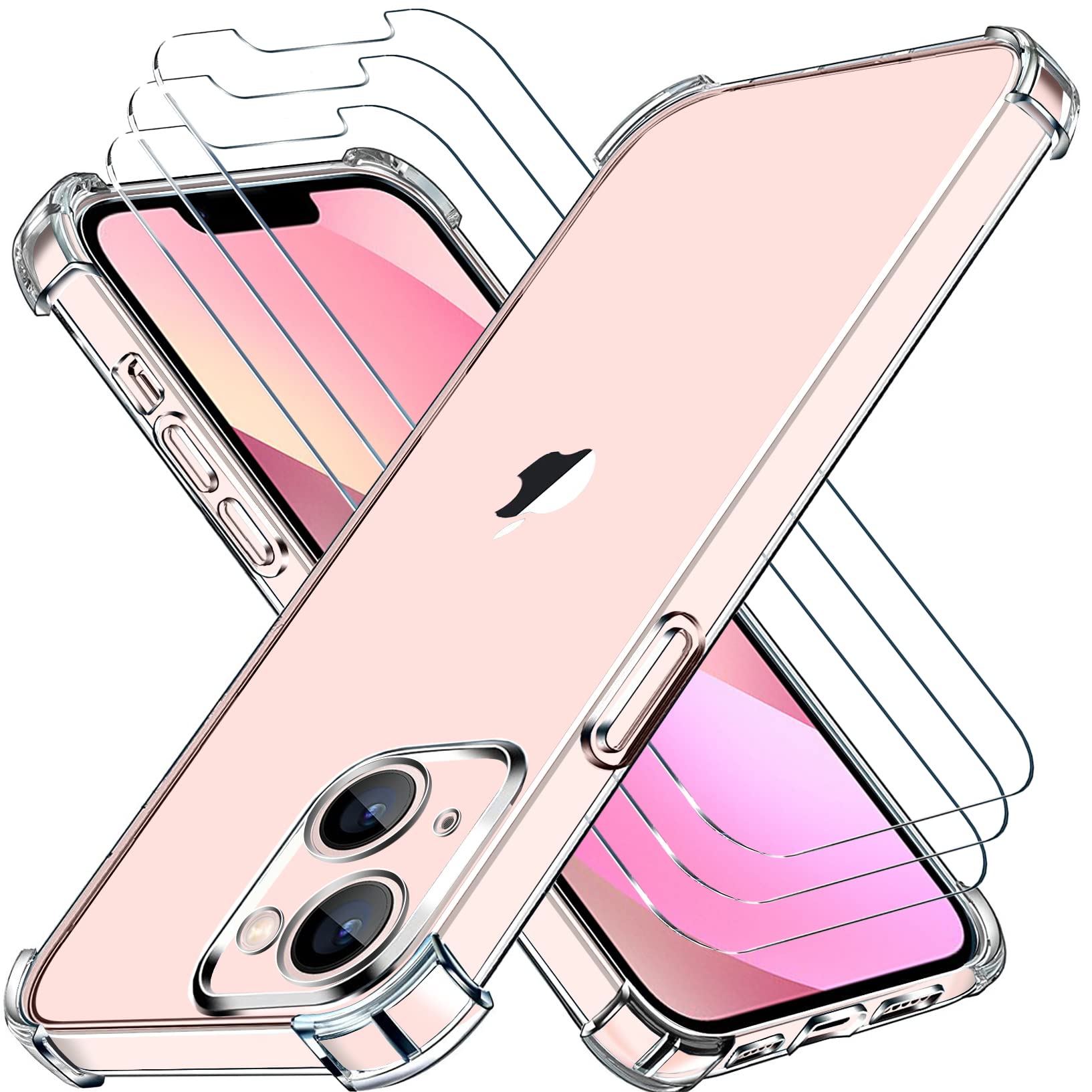 YooweiCover Compatible with iPhone 13 Mini [3 Pieces Tempered Glass Screen Protector], Camera Protection Shockproof Bumper TPU Soft Silicone Case - Transparent