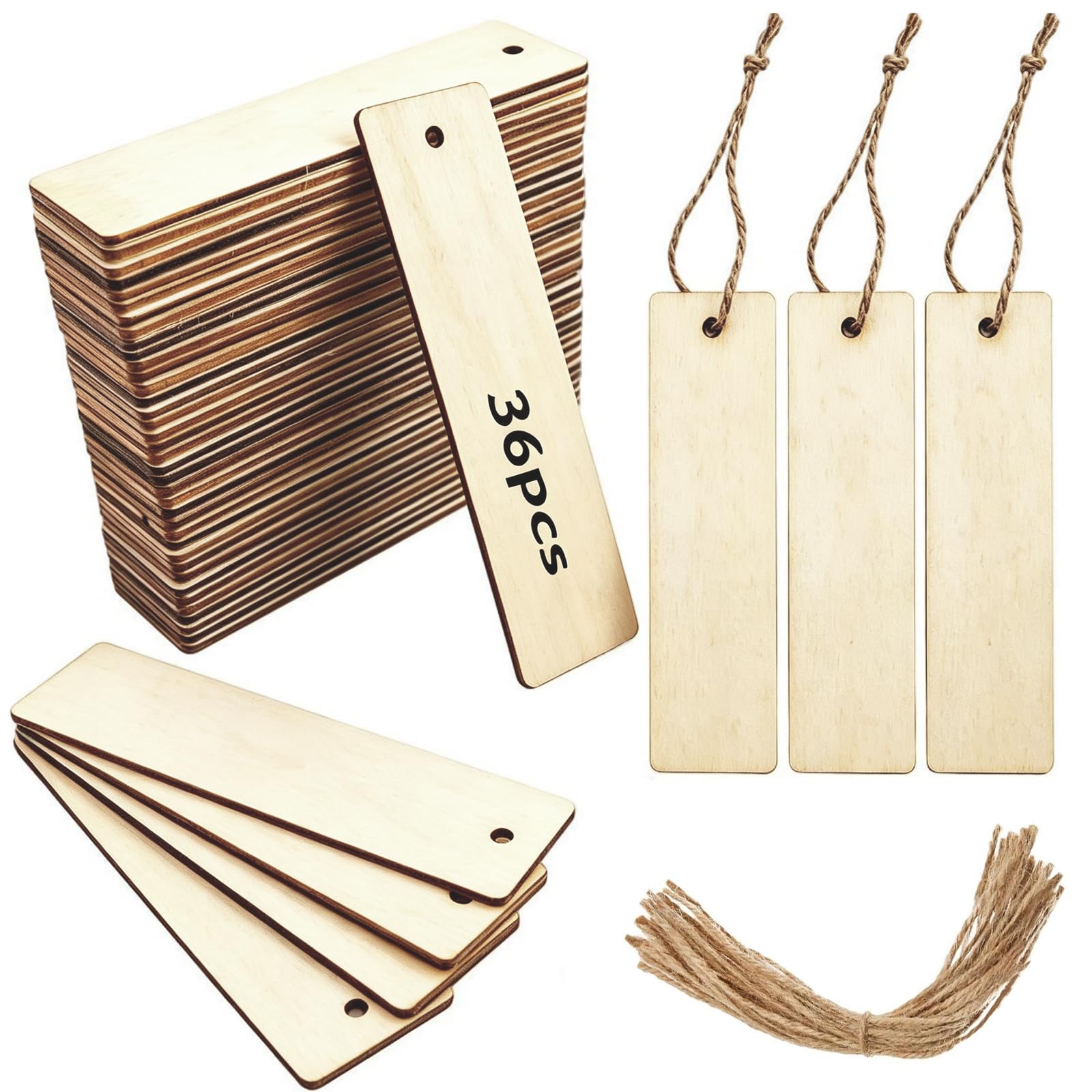 36pcs Wooden Bookmark Blank Bookmarks Bookmark Making kit Bookmark Holder Bookmark Bookmarks – Unfinished Wooden Hanging Tags with Cords for DIY Crafting