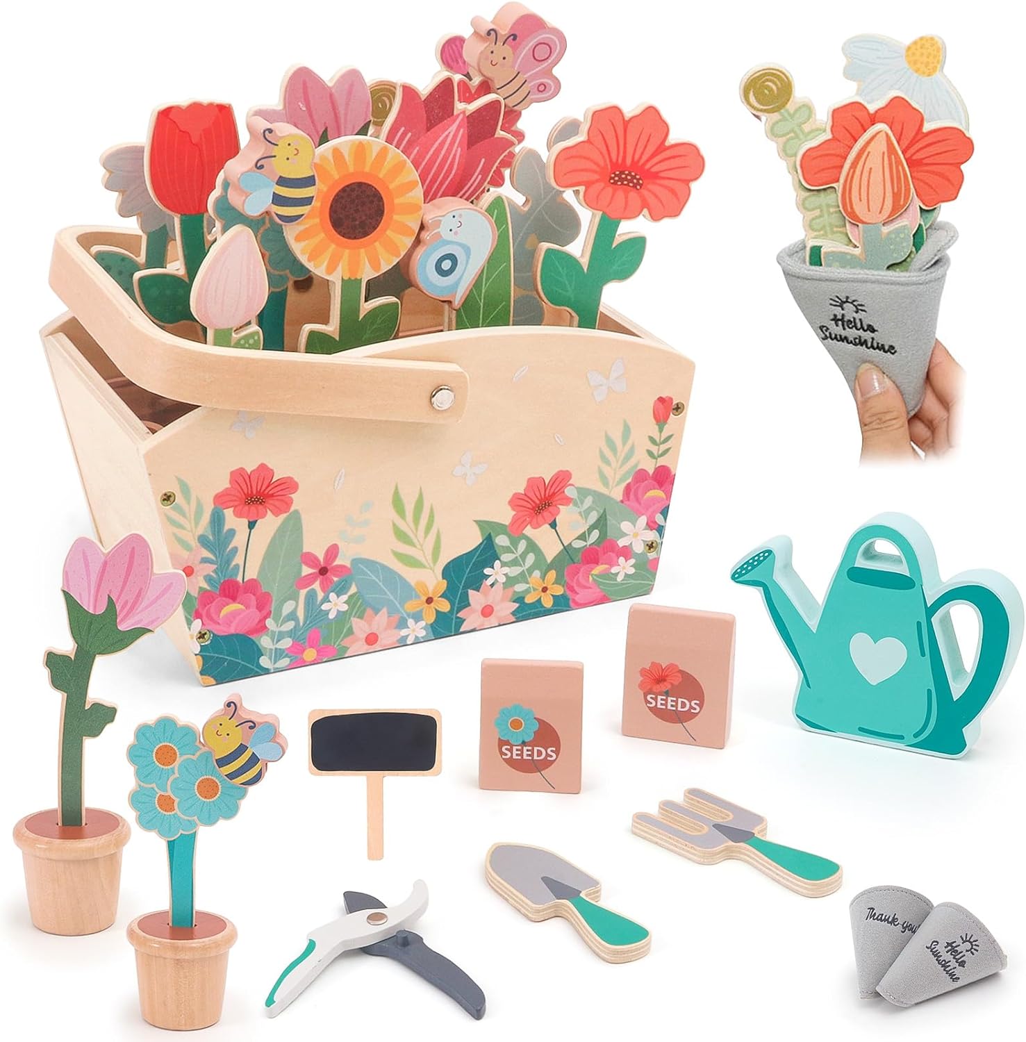 Wooden Pretend Play Toy Gardening Box-30 Pieces Wood Flower & Garden Tool Sets for Toddler 3 4 5 6 Year Old,Kids Educational Learning Toy,Girls Birthday Gift
