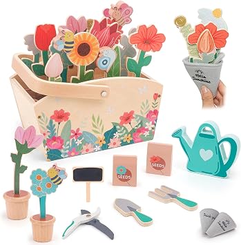 Wooden Pretend Play Toy Gardening Box-30 Pieces Wood Flower & Garden Tool Sets for Toddler 3 4 5 6 Year Old,Kids Educational Learning Toy,Girls Birthday Gift