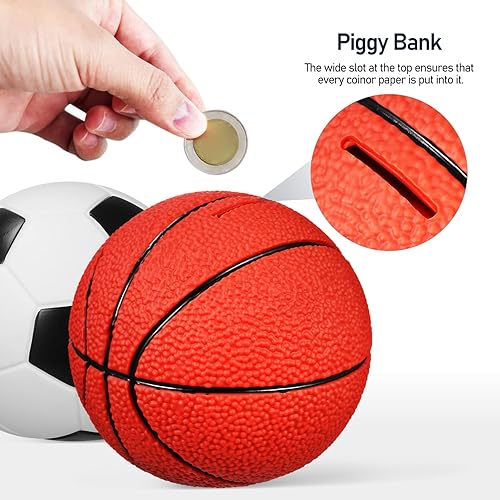Miniatura 2 de ERINGOGO Juego de 2 alcancías de baloncesto para niños, juego de banco de monedas de baloncesto y fútbol, bolas temáticas deportivas, tarro de