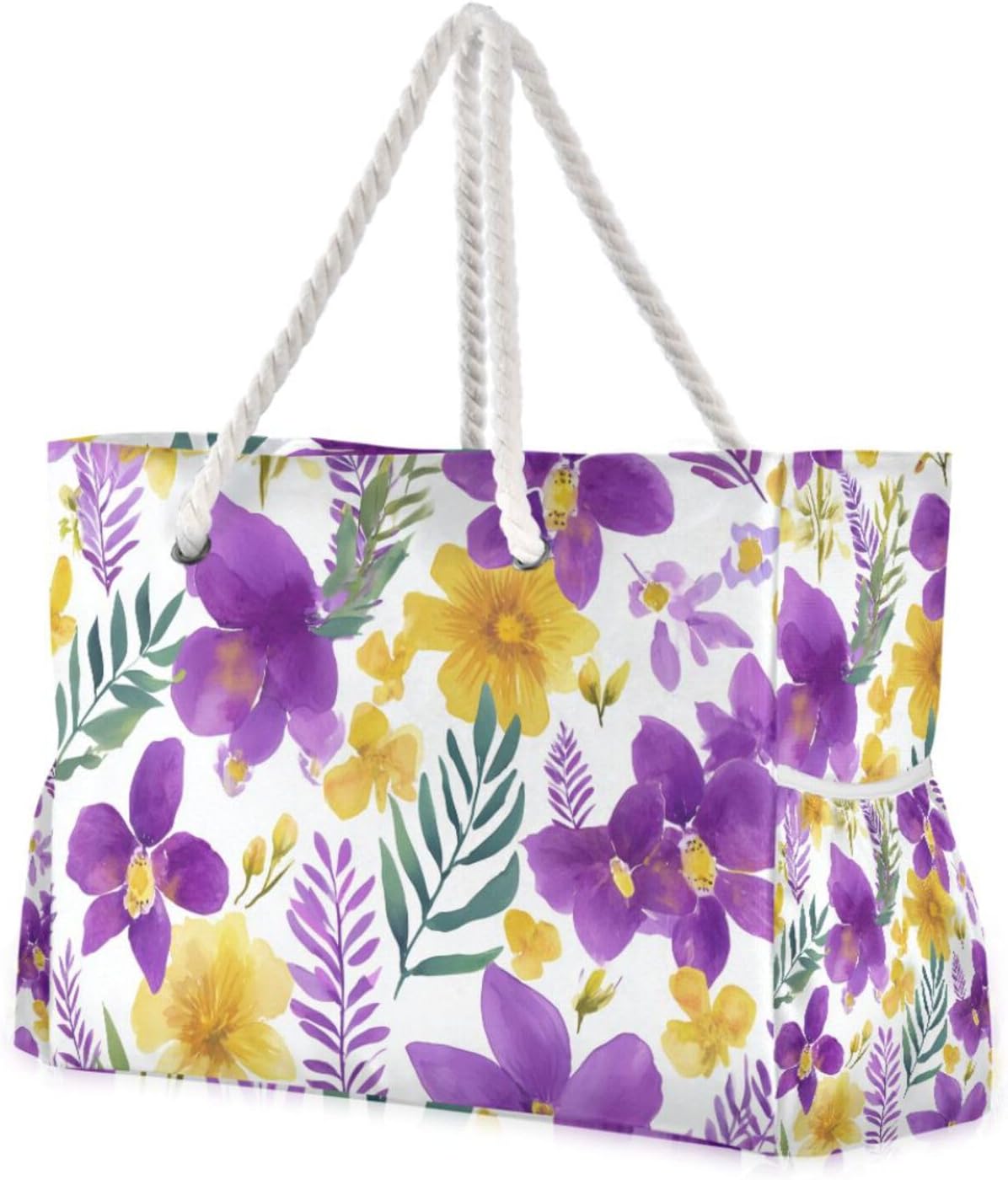 OTVEE Purple Orchid and Yellow Watercolor Floral Pattern Beach Bags for Women Ladies Large Canvas Tote Shoulder Bag Waterproof Travel Bags for Gym Swim Pool Camping