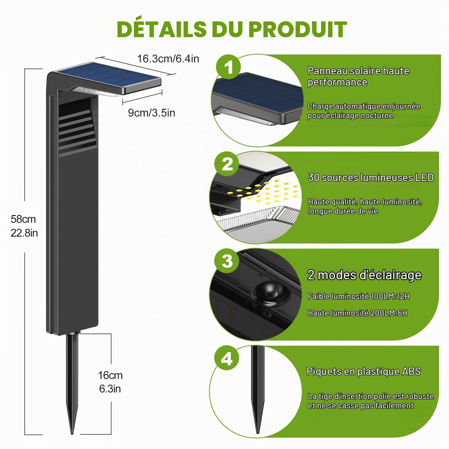 LED Outdoor Solar Light, 2 modes lumineux, chaud chemin d'éclairage solaire blanc ip64 imperméable à l'eau pour l'extérieur, arrière - Cour, jardin, pelouse éclairage 6pcs