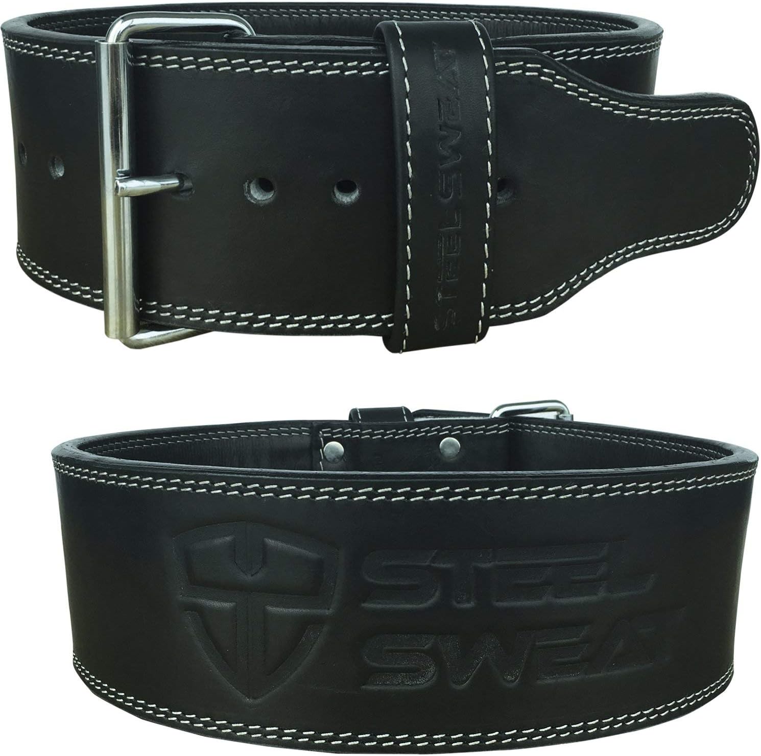 Steel Sweat Powerlifting Belt for Weight Lifting - 4" Wide by 10mm Thick - Single Prong Heavy Duty Adjustable Weightlifting Belt, High Grade Leather - Bolt Black