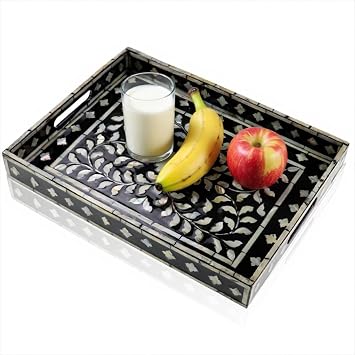Rectangular Mother of Pearl Serving Tray, Handmade Ottoman Decorative Shell Tray with Handles for Fruit Bread Tea Breakfast Coffee Table Party Home Decor Black Wicker Butterfly