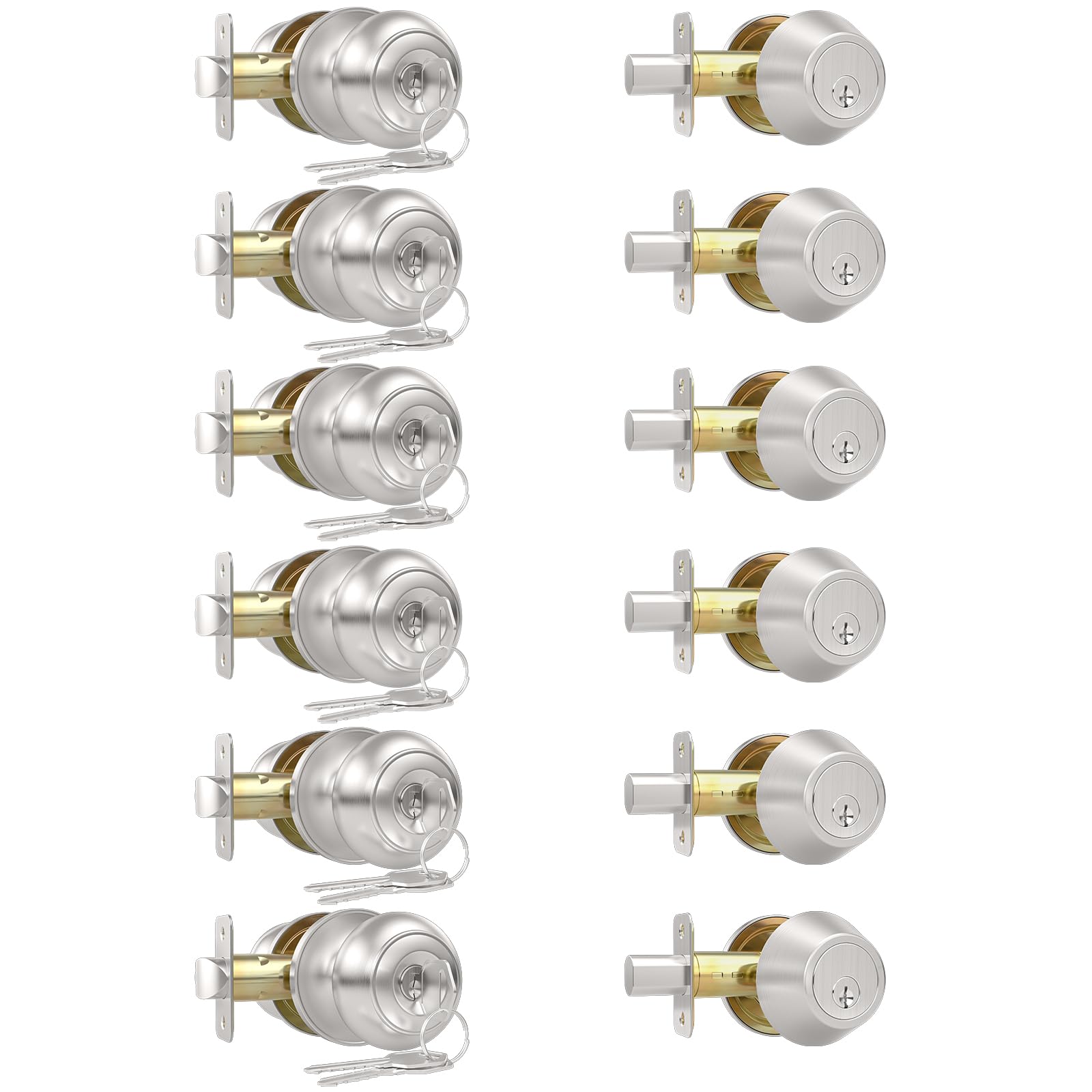 Photo 1 of AEEKEL 6 Pack Keyed Alike Exterior Door Knob with Lock, Single Cylinder Deadbolt Lock and Entry Door Knob Set, Brushed Nickel Bedroom Door Knobs with Lock and Key for Entrance and Front Door