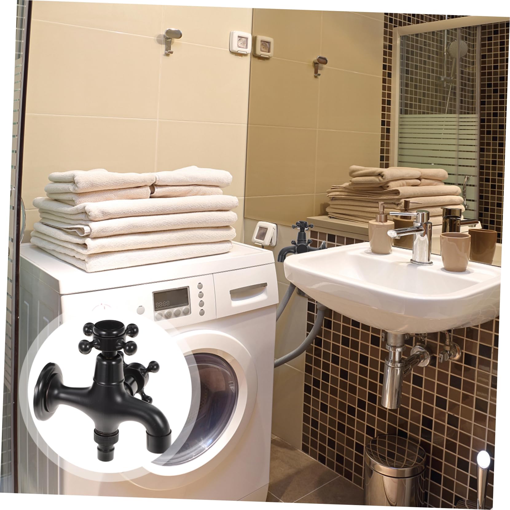 GALPADA Rubinetto Lavatrice a Via in Ottone Doppia Uscita Nero Stile Vintage Per Bagno e Cucina Aumento Pressione, Accessori Per Lavandino e Lavatrice