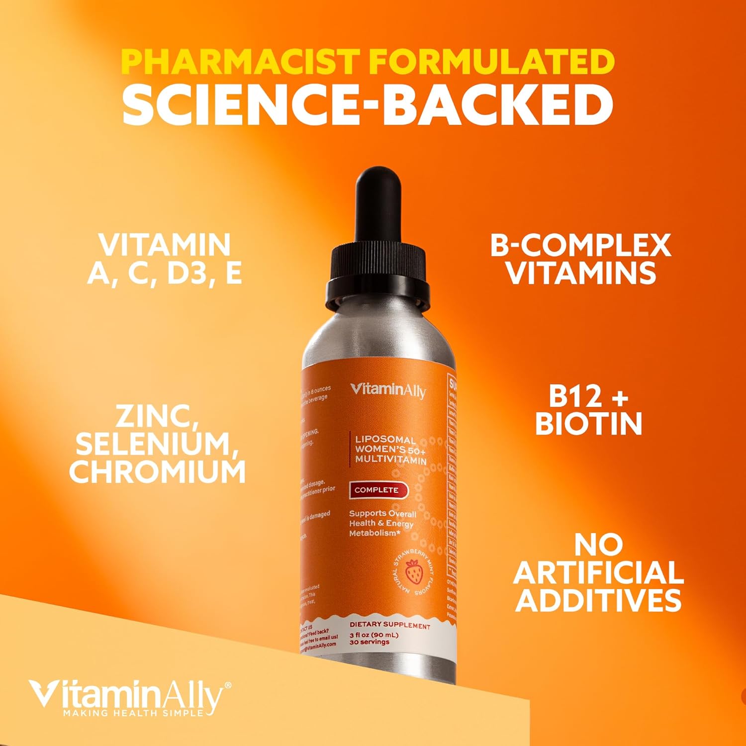 Women’s 50+ Liposomal Liquid Multivitamin – 16 Essential Vitamins & Minerals for Energy, Bone & Immune Support – Sugar-Free, Non-GMO, High Absorption – Strawberry Mint, 30 Servings