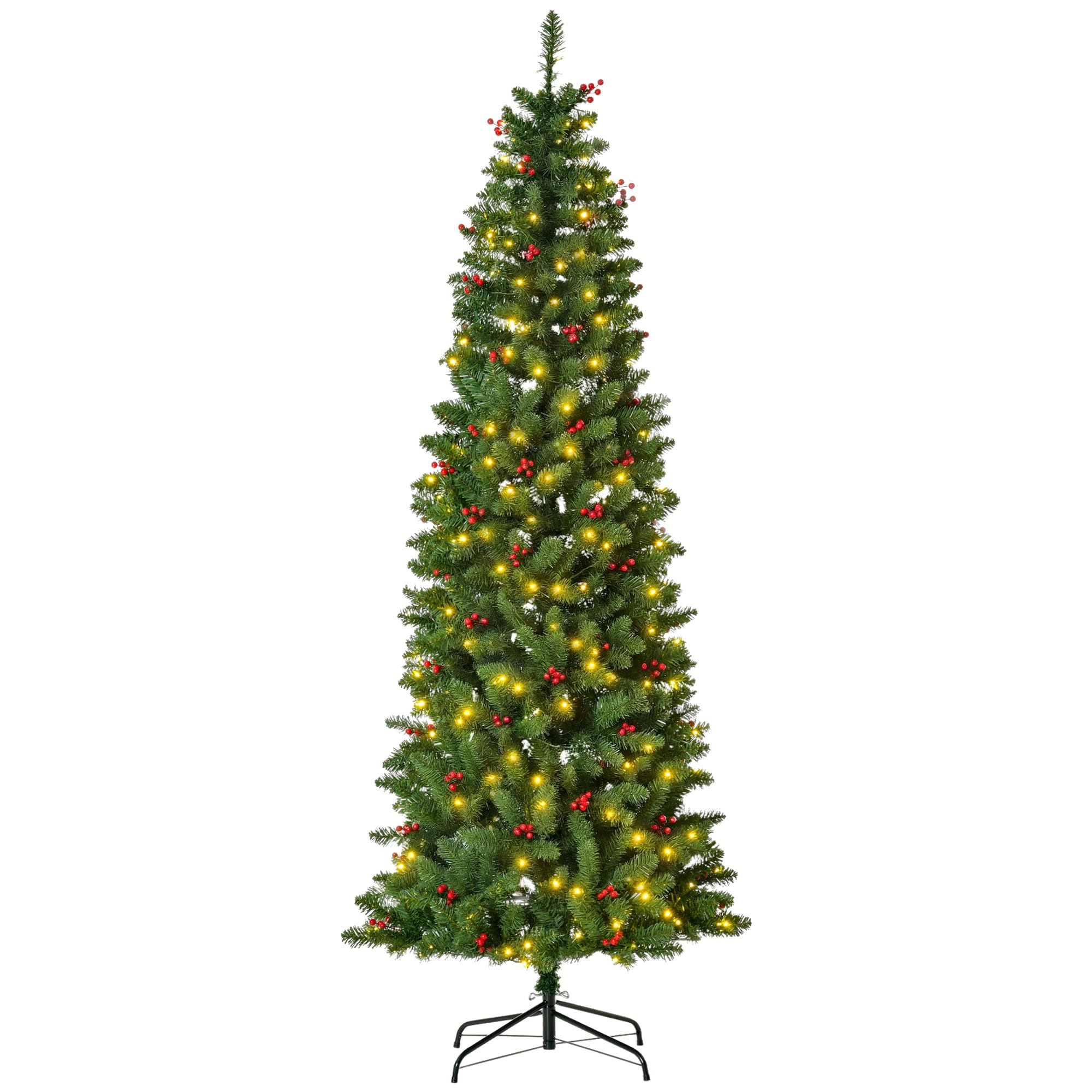 Homcom Unisex Green Artificial Pencil Christmas Tree With Led Light Berry Xmas Decor In 7Ft