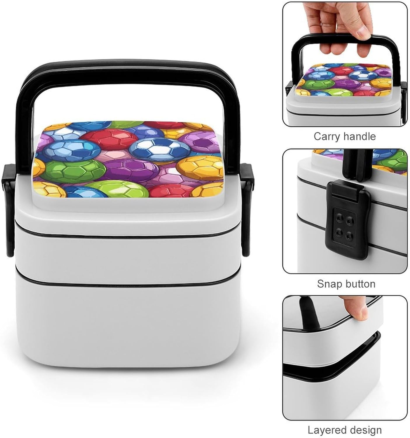 Football Colorful Socer Ball Bento Box with Spoon 2 Layer Food Container Cute Lunch Box for Travel Dining Work