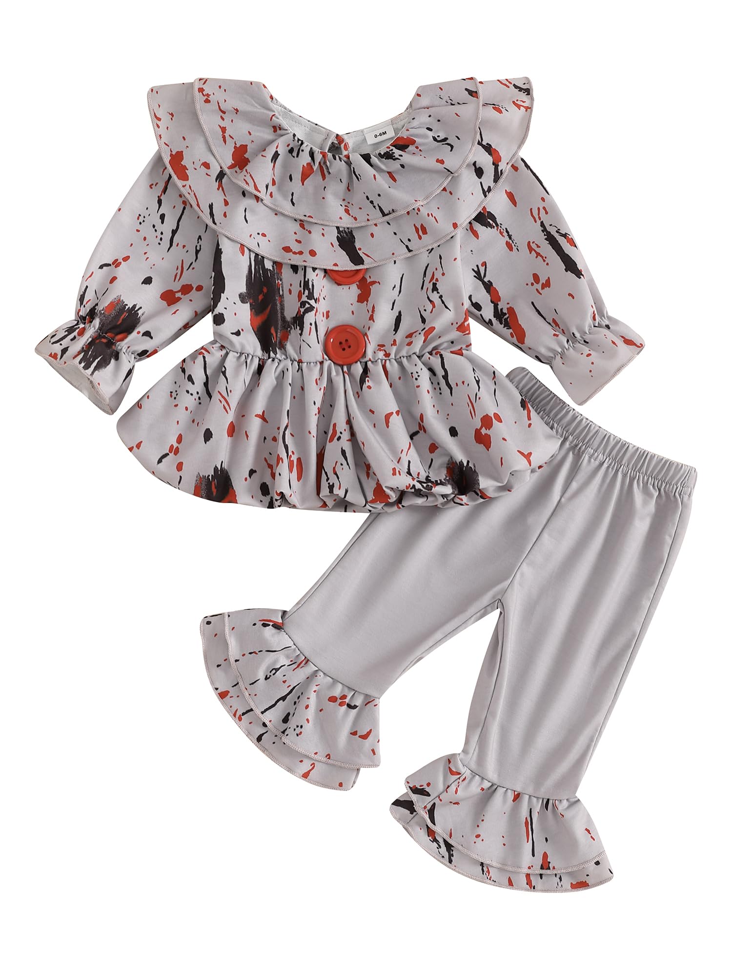 LYSINK Baby Clown Costume Bloody Long Sleeve Ruffled T-shirt with Flare Pants Halloween Clothes Fancy Dress (A1-a-Grey, 12-18 Months)