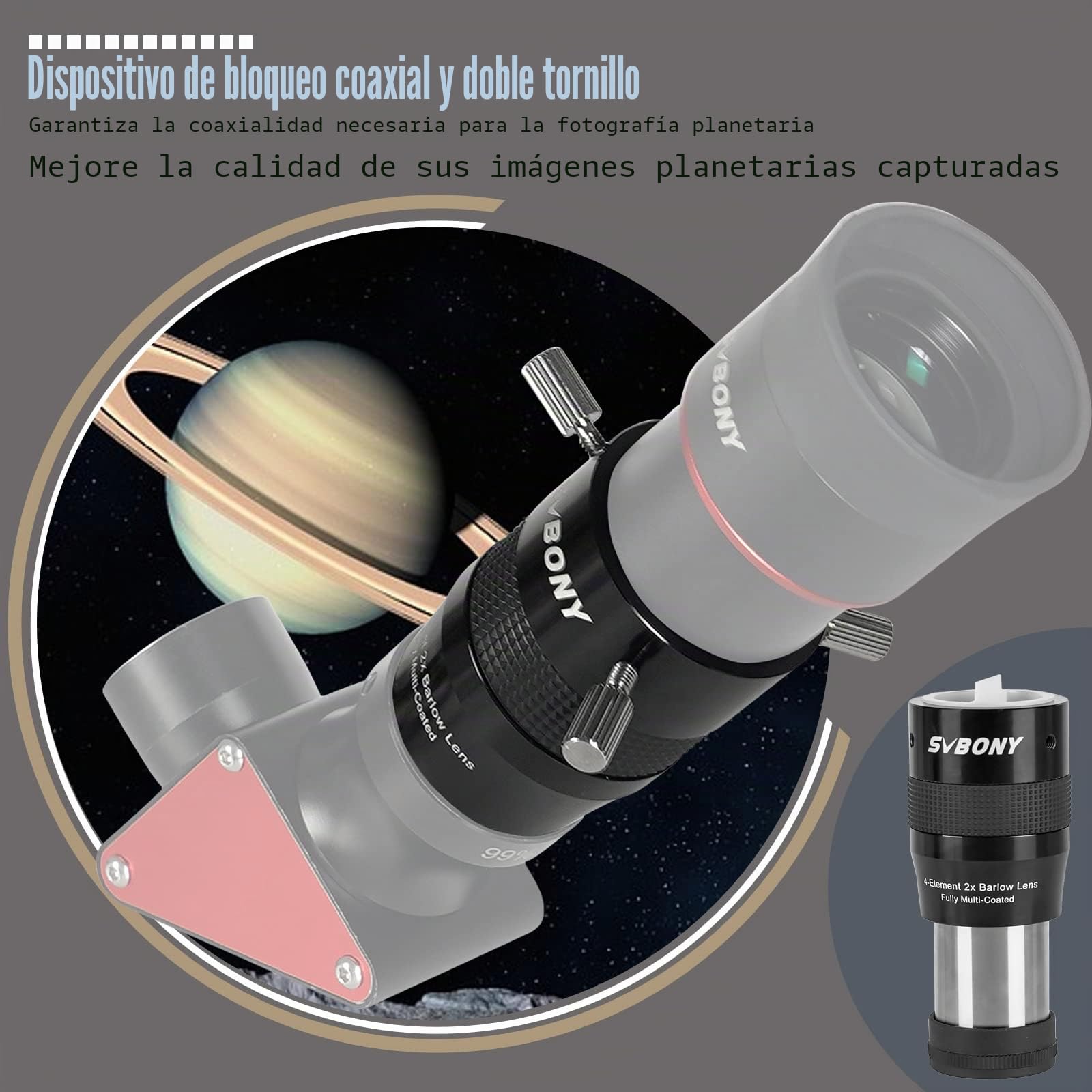 Svbony SV216 Lente Barlow 2x, 1.25" Metal Barlow 4 Elementos Apocromática FMC Lente Telescopio para Fotografía Planetaria y Observación