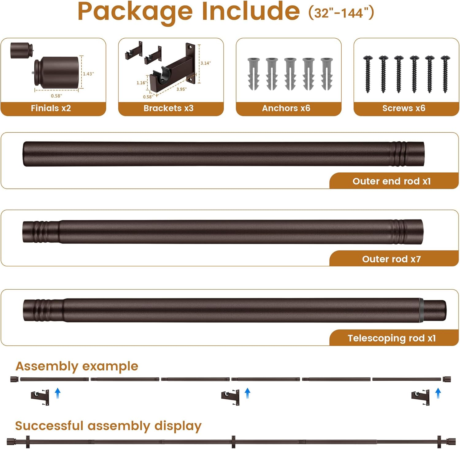 Bronze Aluminium Curtain Rods for Windows,1 Inch Adjustable Curtain Rod 72-144,Heavy Duty Drapery Rods with Thicken Bracket,Decorative Modern Single Rod with Aluminium Finials