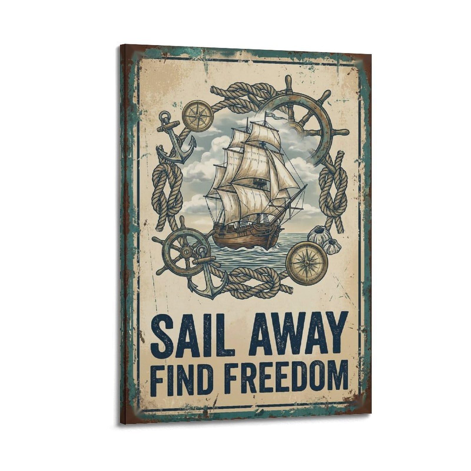 OKAHYS Nautical Ocean Poster Illustration Sail Away Country Modern Decorative Canvas Prints - Ideal Wall Art for Family, Man Cave, Game Room, Boys & Girls Bedroom 24x36inch