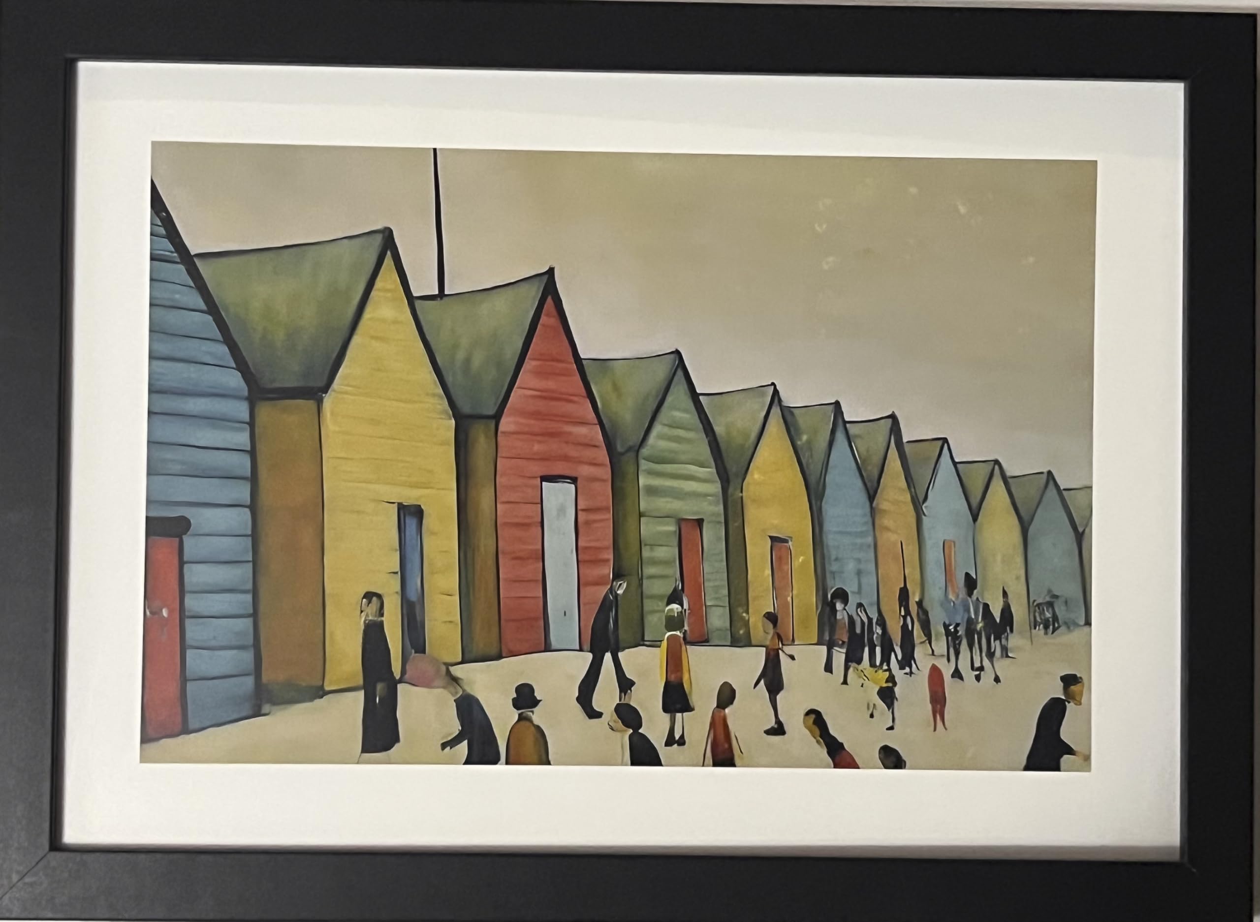 Greetingles Lowry-Style Framed Print. Beautiful Black Ash Frame (Lowry, LS Brighton Beach Huts), 34L x 24W cm - Image 2