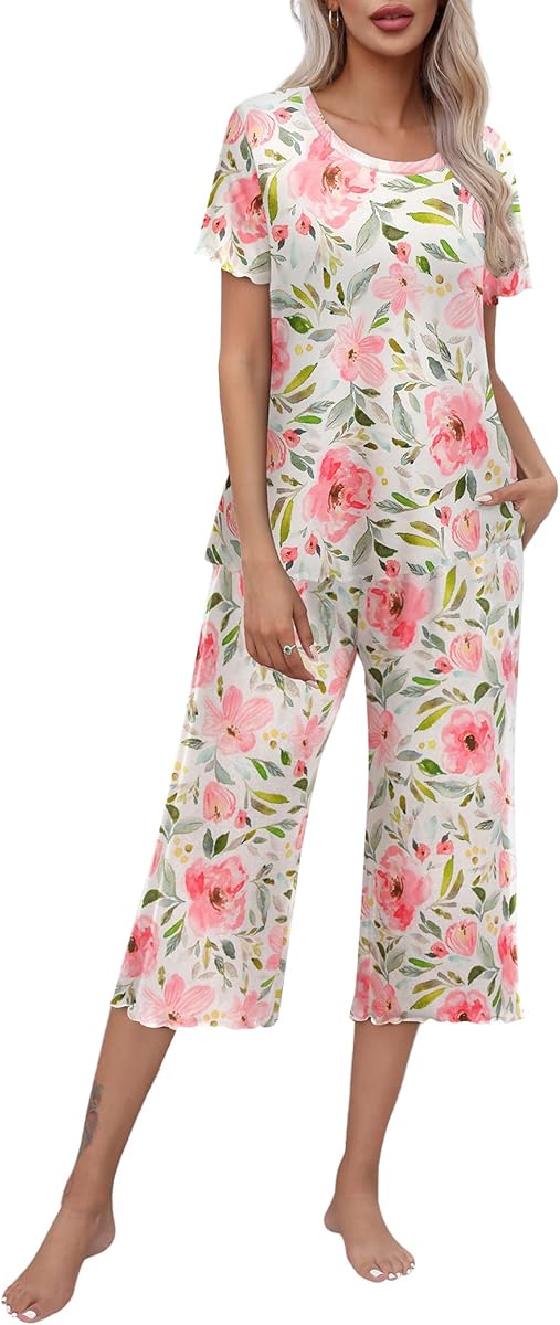 Ekouaer Women's Pajamas Set Short Sleeve Top & Capri Pant 2 Piece Sleepwear | Funny Print, 2 Pockets, Elastic Waist, Lettuce-Edge Sleeves and Trouser Cuffs, Loose Fit, Cute Lounge Set, S-2XL