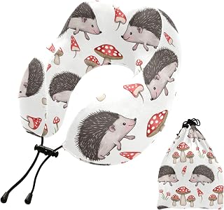 Kigai Hedgehogs Mushrooms Travel Pillow, Portable Memory Foam Neck Pillow with Storage Bag, U Shaped Rest Support for Sleeping Airplane Car Office Home