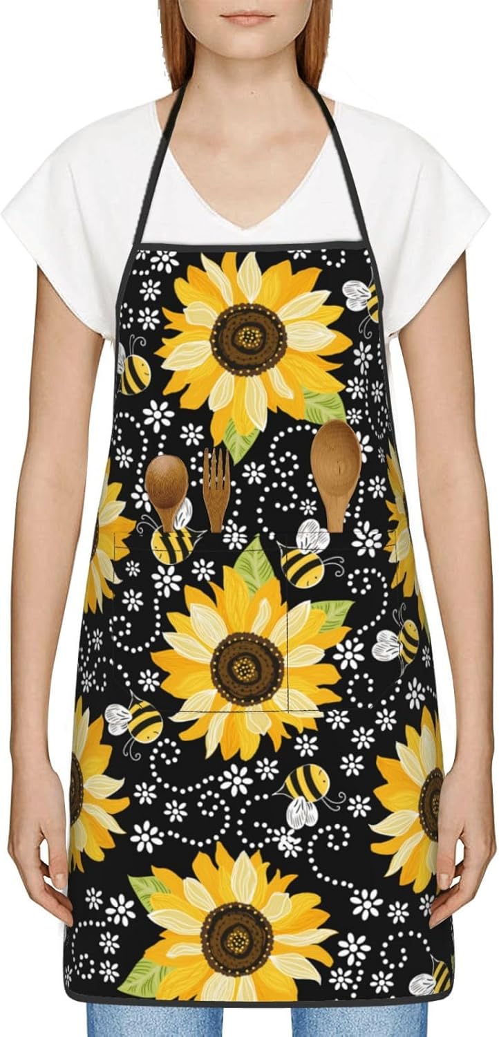 Sunflower Bees Oven Mitts and Pot Holders with Apron Set of 5 Silicone Sunflowers Kitchen Mitten Gloves and Non-Slip Potholders Cooking Apron Set Heat Resistant Oven Gloves Hot Pads for BBQ - Image 6